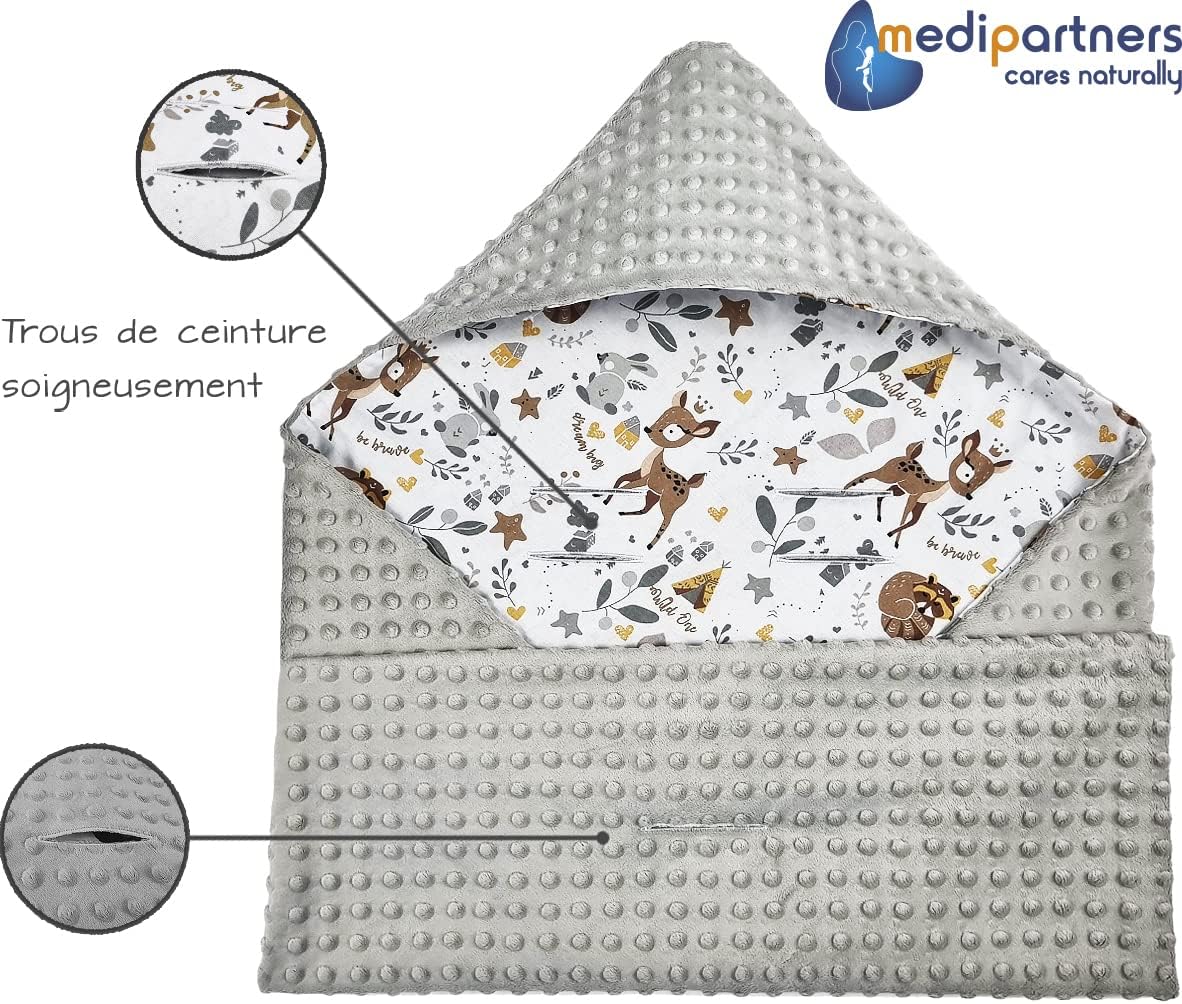 Thumbnail 4 de Medi Partners Nid d’Ange Bébé été – Couverture enveloppante 85x85 cm, coton et minky gris, Oeko-Tex