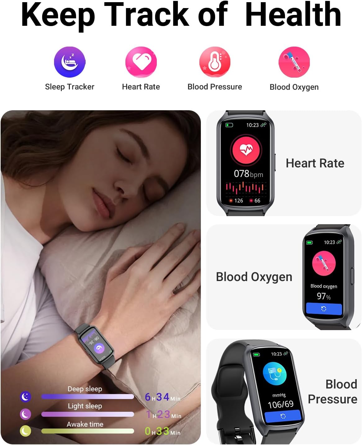 Detalle de Amzhero Health Fitness Tracker with 24/7 Heart Rate and 5ATM Waterproof