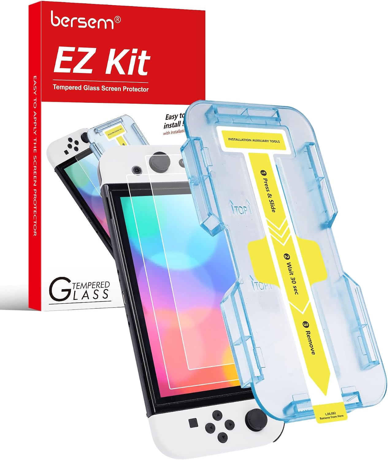 Detalle de Lot de 2 protections d’écran en verre trempé BERSEM pour Nintendo Switch OLED 7 pouces (2021) – kit d’alignement automatique, dureté 9H