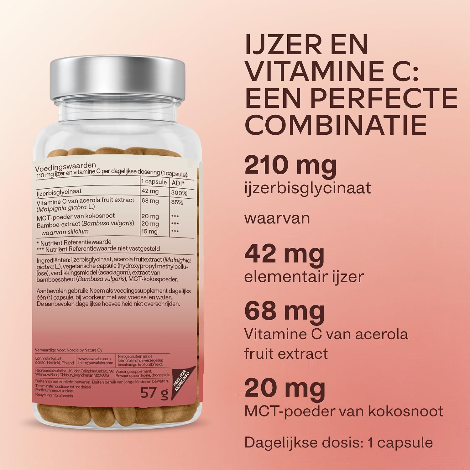 Detalle 1 de AAVALABS ijzercapsules met bisglycinaat, natuurlijke vitamine C en 42 mg ijzer