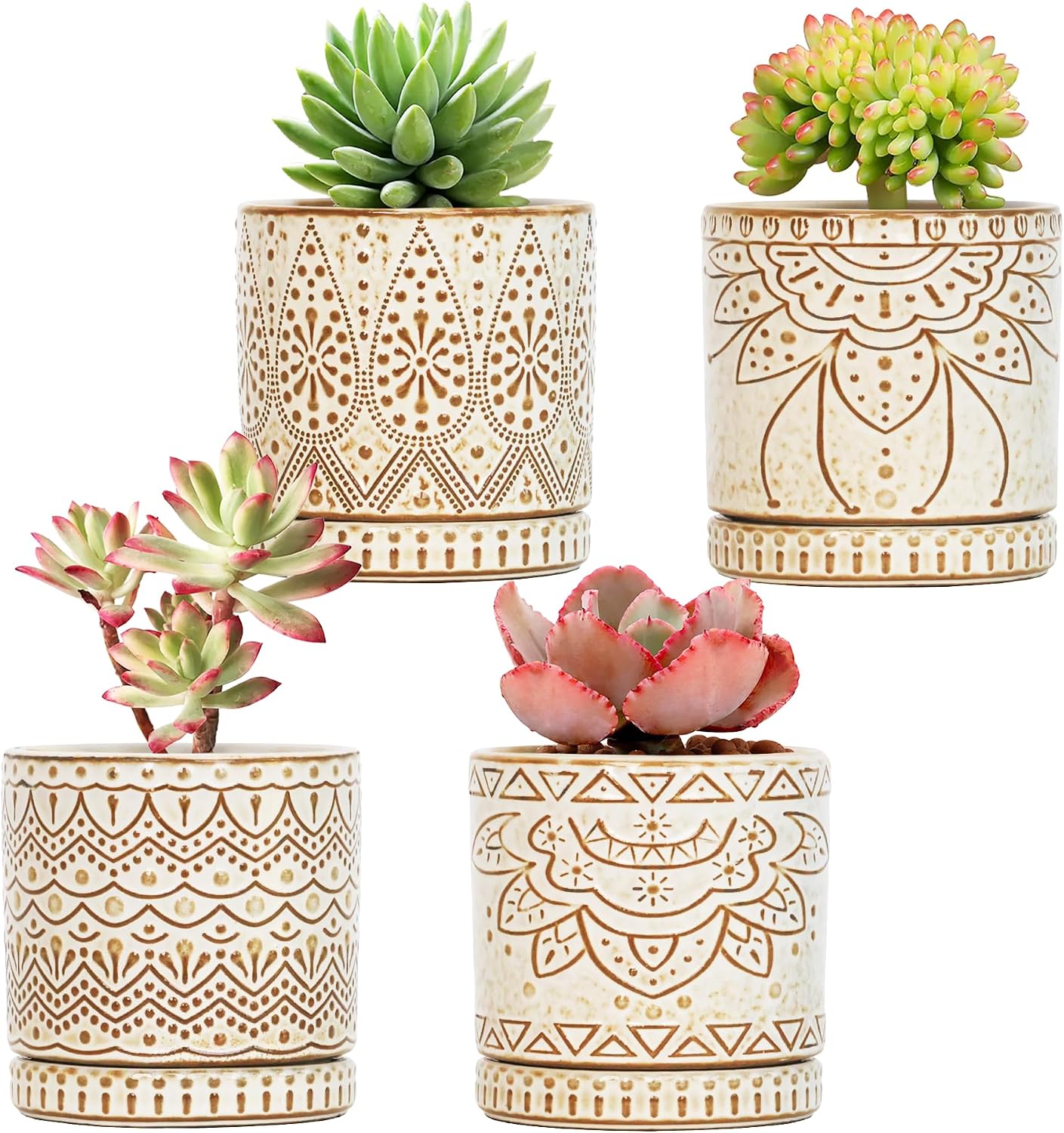 Detalle de Gepege 4-Inch Ceramic Succulent Pots, Set of 4 with Drainage Holes and Saucers