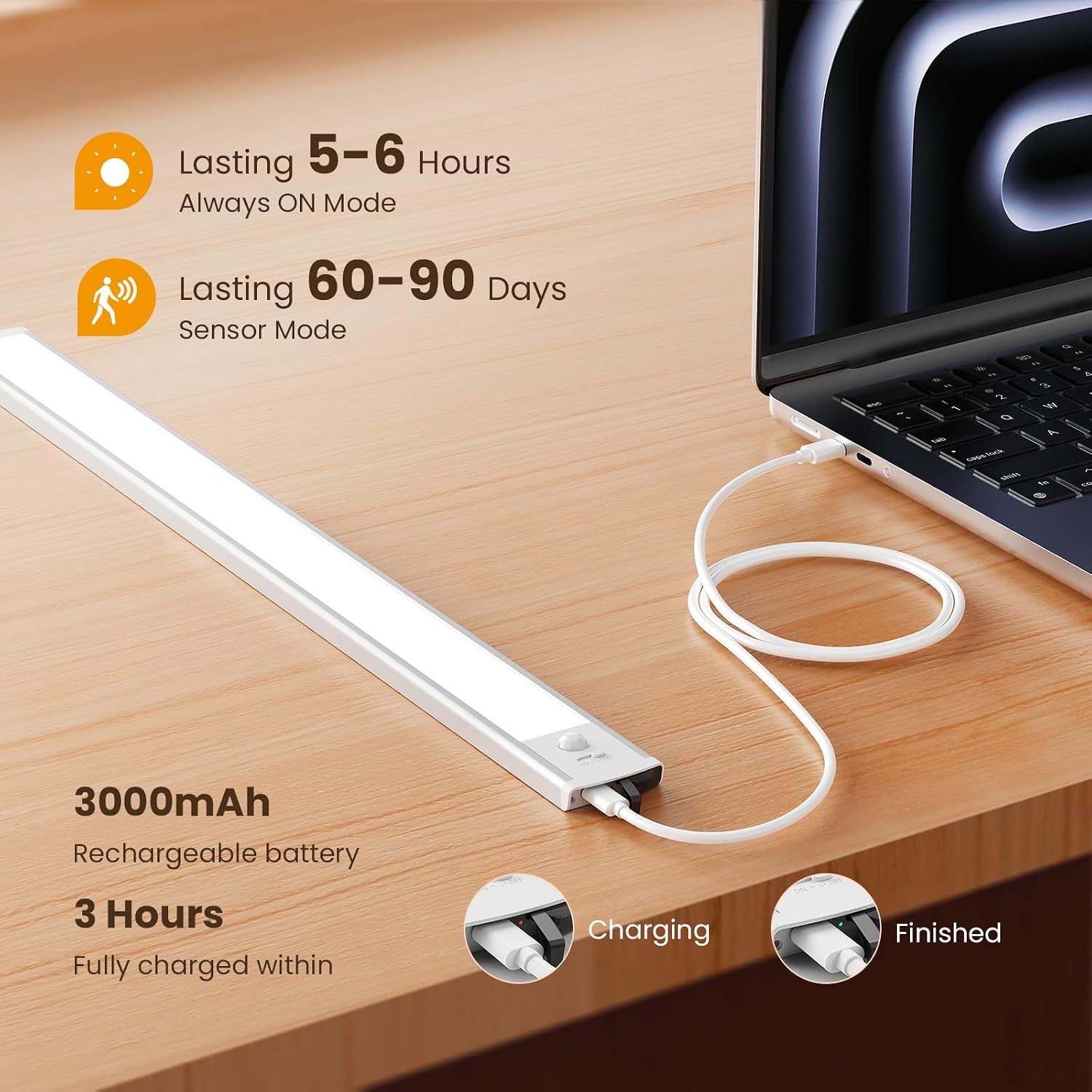 Detalle de TANSOOL+ LED-Schrankbeleuchtung mit Bewegungsmelder, USB‑C aufladbar (2er-Set, 50 cm)