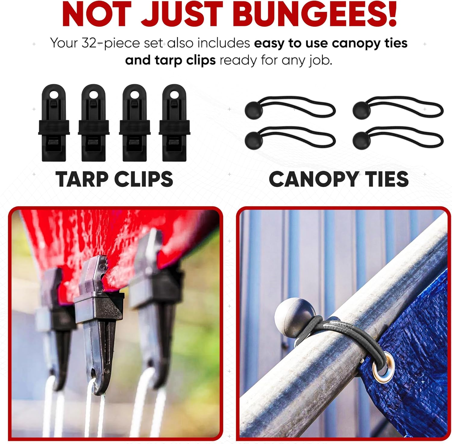Detalle de FORTEM Bungee Cord Assortment (32-pack) with Plastic-Coated Metal Hooks