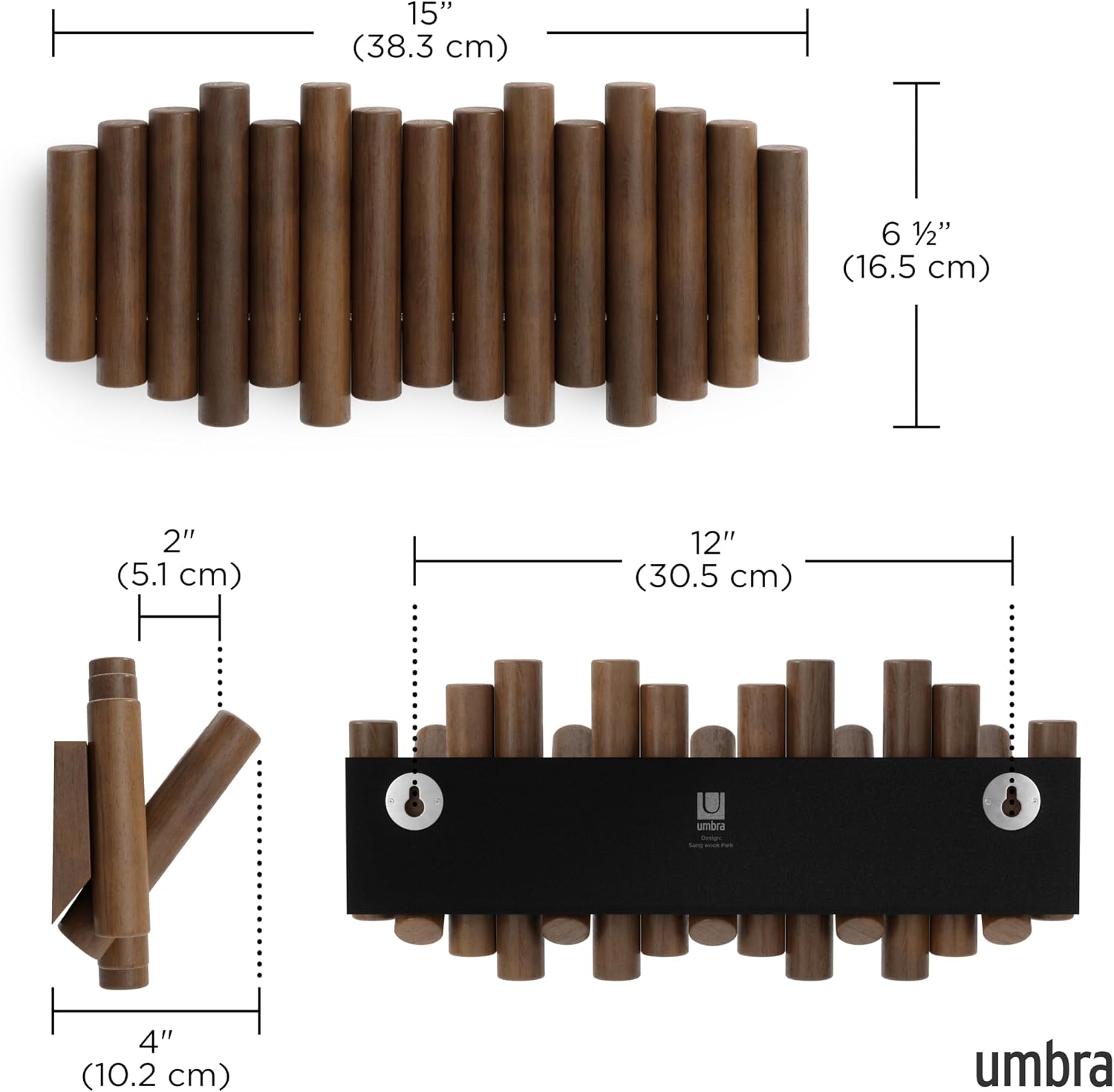 Detalle de Umbra Picket garderobslist med 5 fällbara krokar i valnötsantik finish