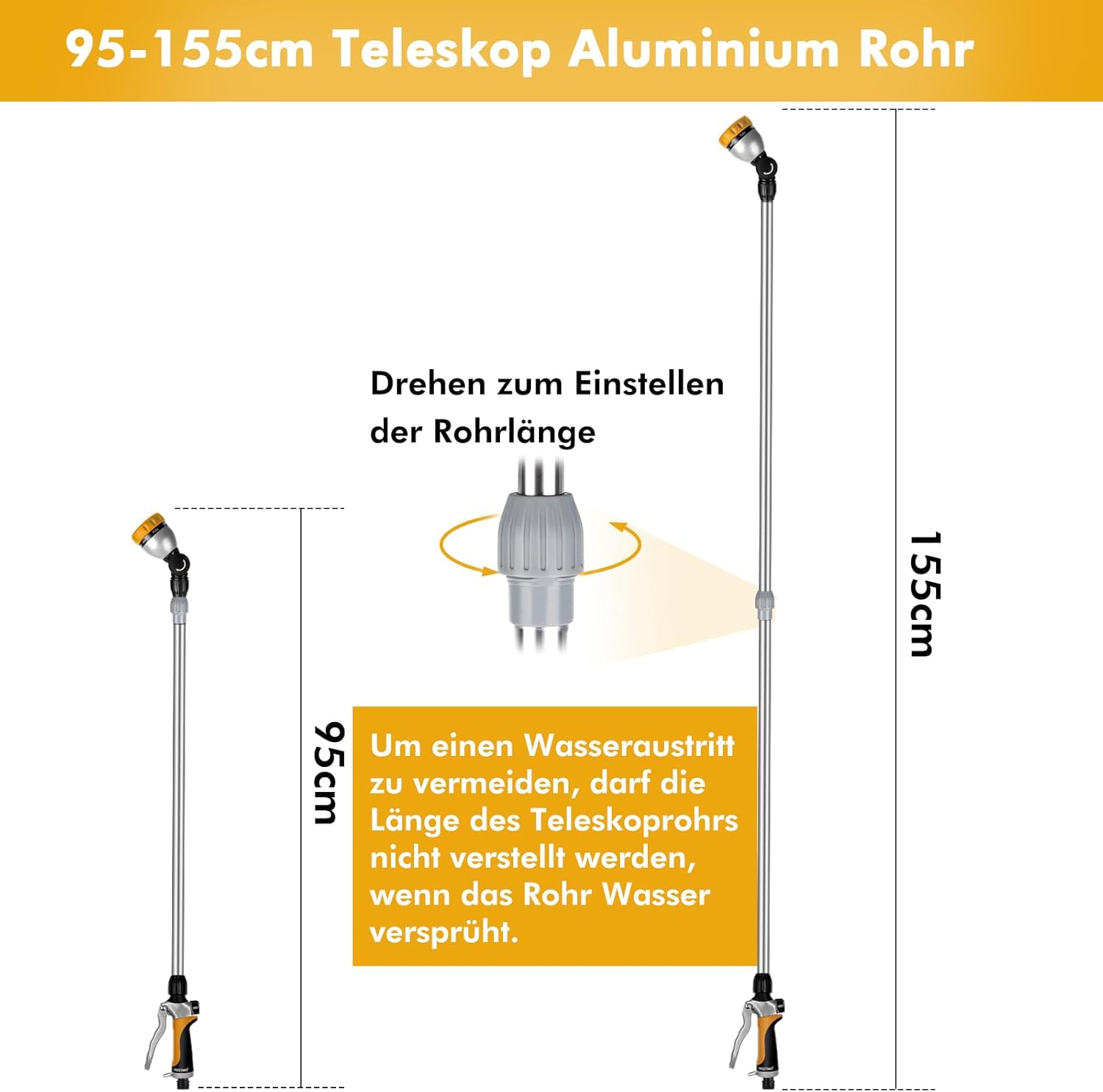 Thumbnail 1 de RESTMO Langer Teleskop-Gießstab 92–152 cm mit 180° Kopf, 7 Sprühmustern und Durchflusskontrolle – Gelb
