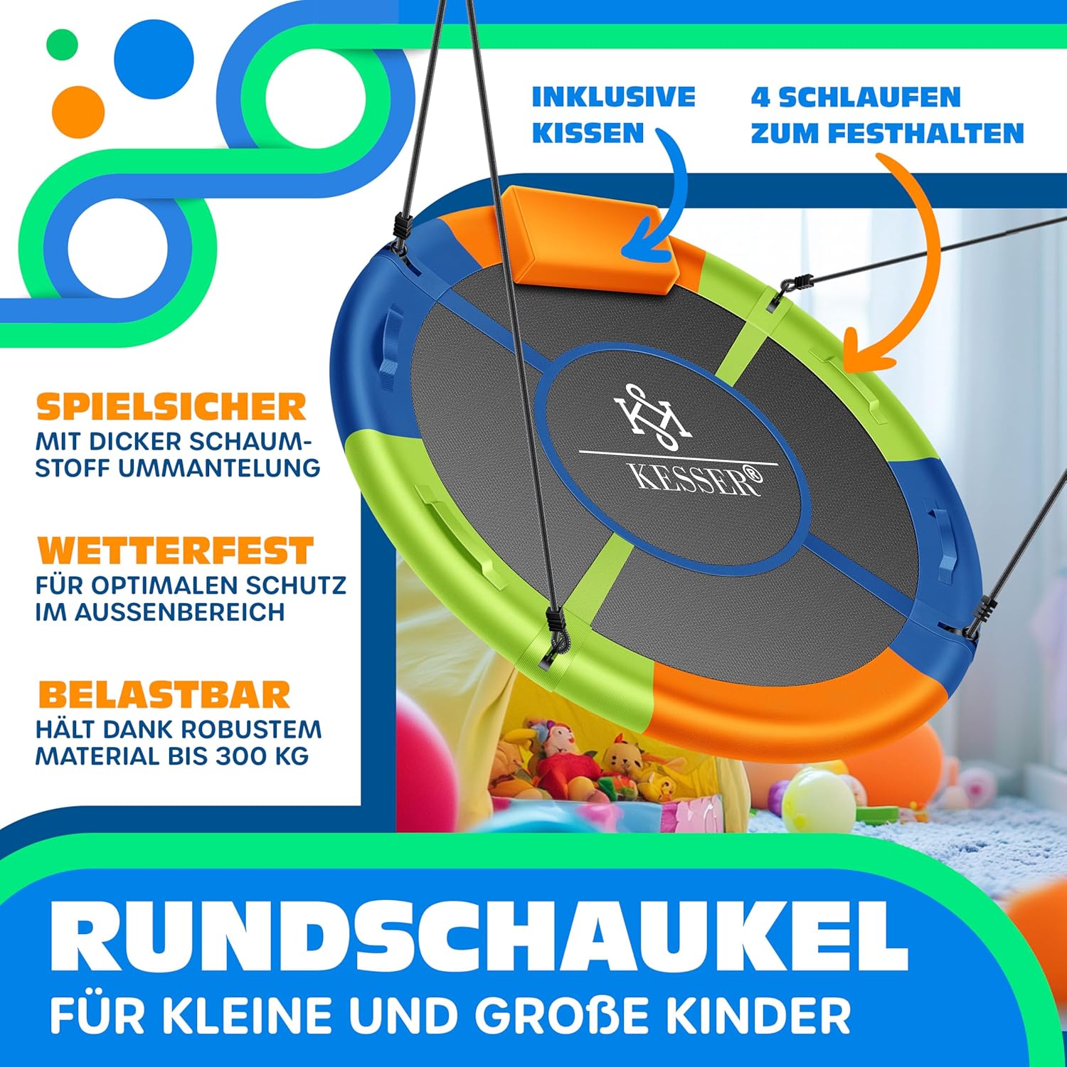 Detalle 2 de KESSER Nestschaukel Tellerschaukel Ø120 cm – Rundschaukel mit Kissen, 4 Griffen, bis 300 kg belasten, Indoor & Outdoor