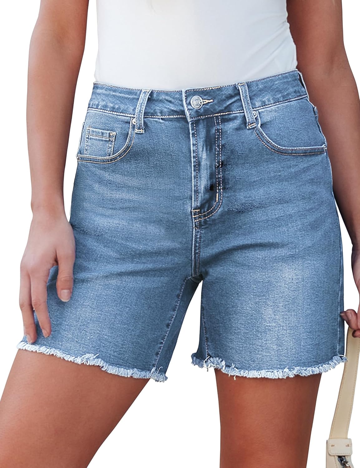 Detalle de luvamia FleXclusive High-Waisted Stretch Jean Shorts for Women with Raw Hem