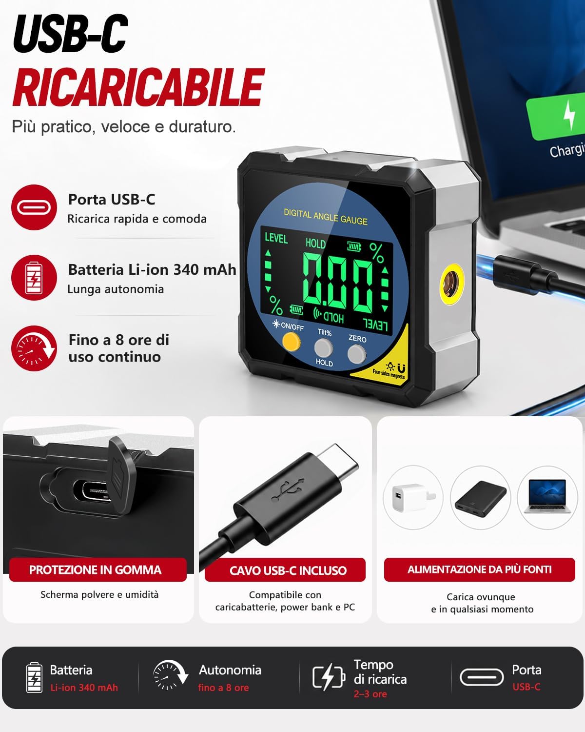 Detalle 2 de Lytool Inclinometro Digitale con Doppio Fascio Laser e 4 Lati Magnetici: precisione 0,2° e IP54
