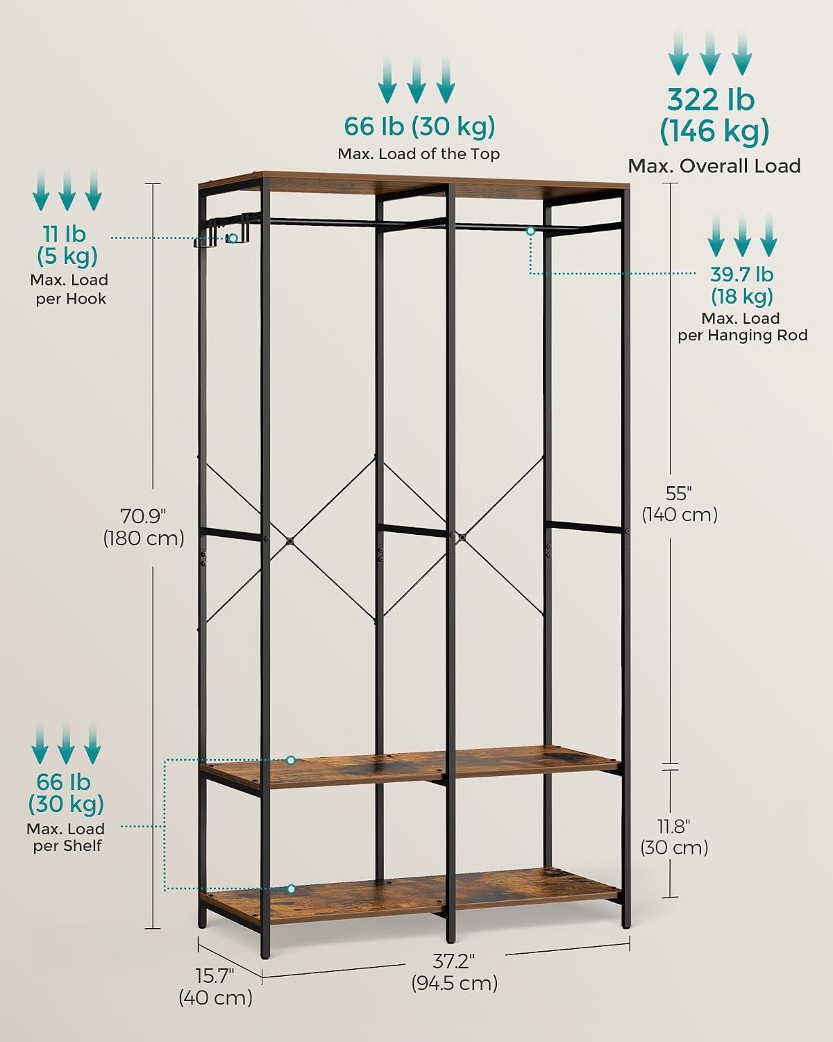 Detalle 2 de SONGMICS BLOCHIC RGR004B01 Clothes Rail with Shelves, X-Bar Support
