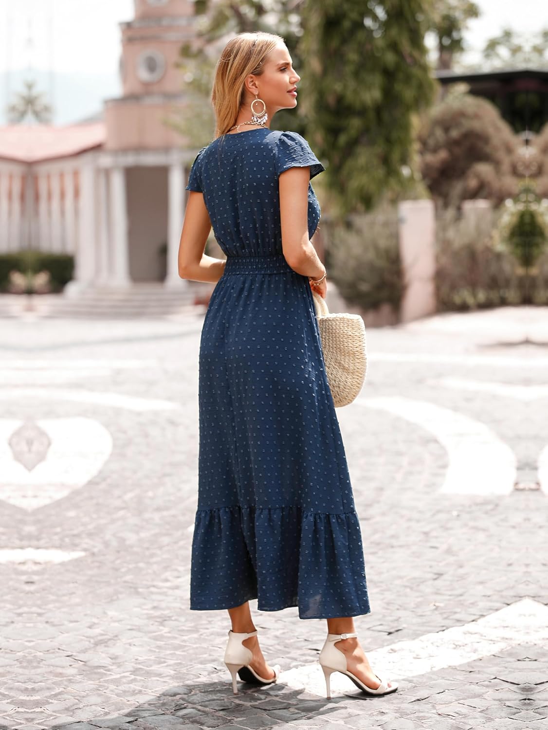 Detalle de PRETTYGARDEN Women's 2026 Summer Maxi Dress — Boho Swiss Dot with Cap Sleeves