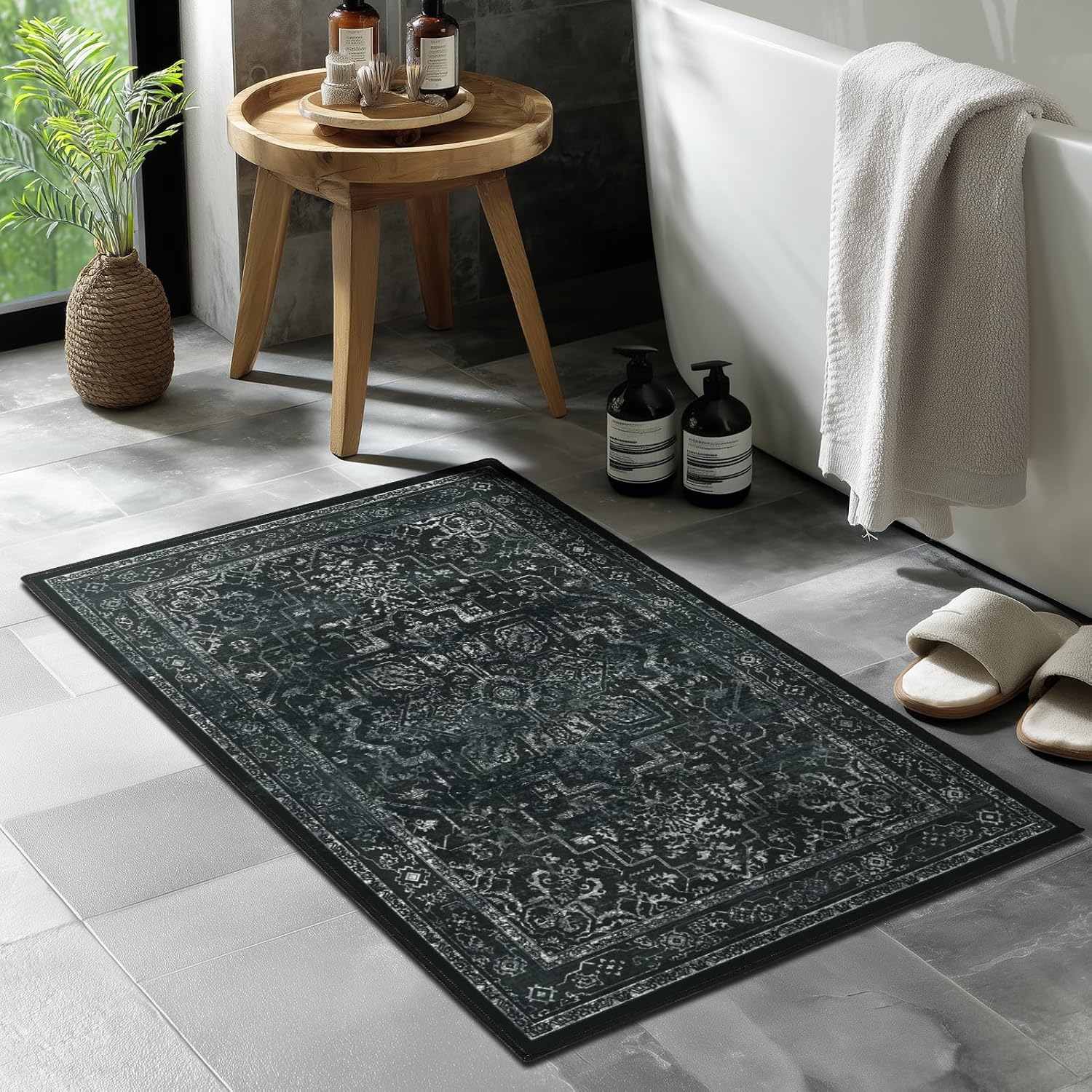Detalle 2 de Jainmy Distressed Black Kitchen 2x3 Rug — Non-Slip, Washable, Vintage Medallion Entrance Mat