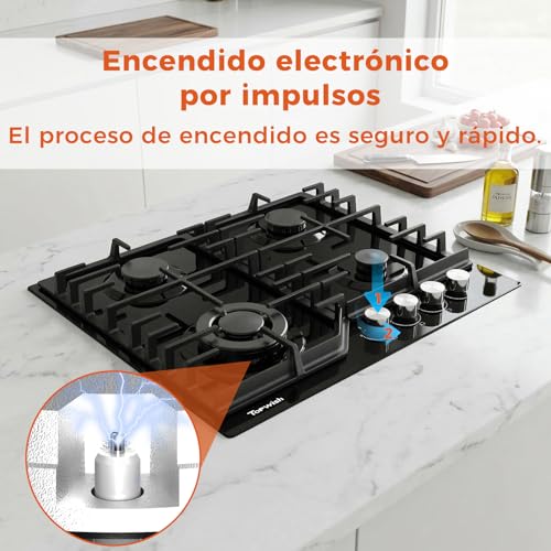 Thumbnail 4 de Topwish Placa de gas butano 4 fuegos con mandos iluminados en azul y 8000 W