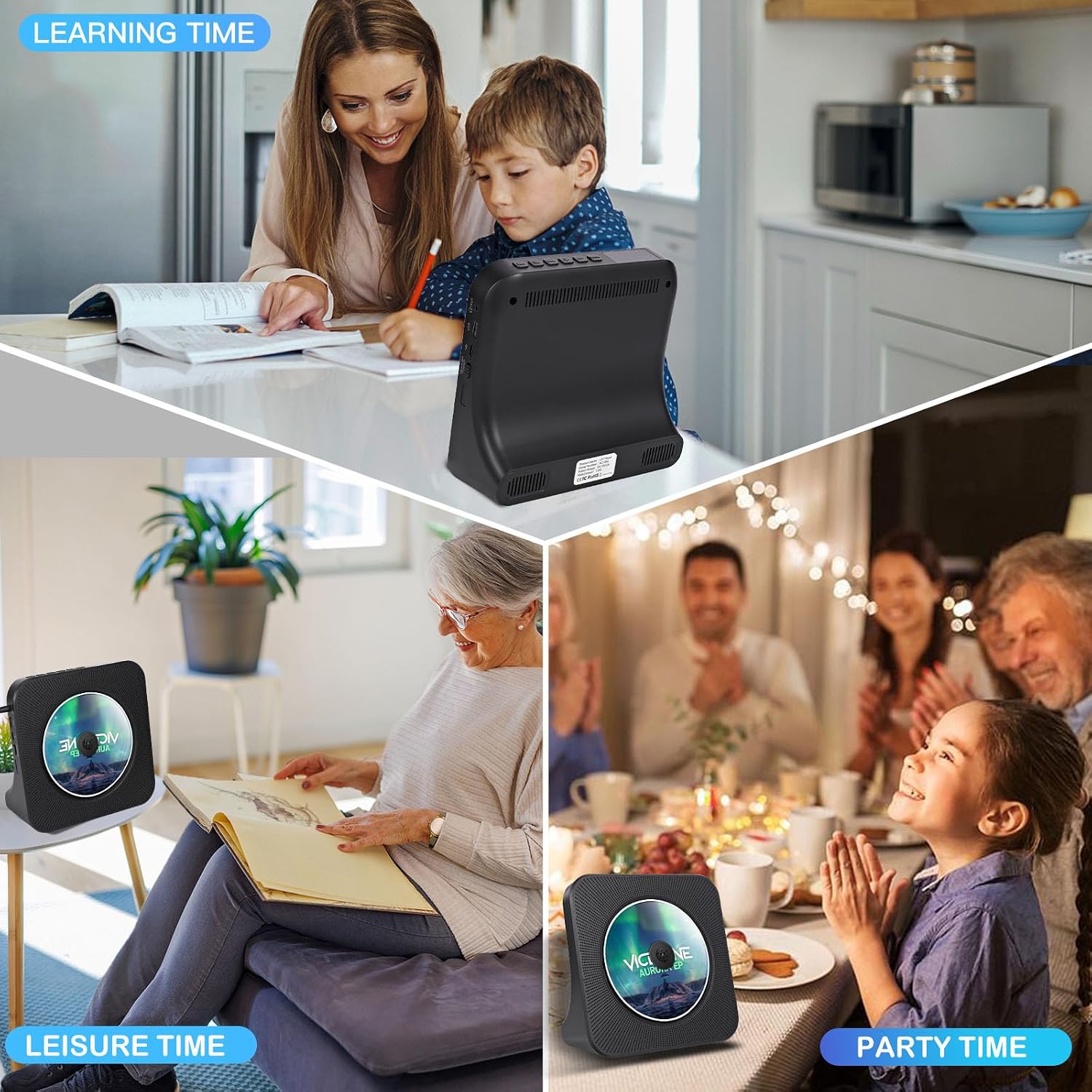 Detalle de Lecteur CD Bluetooth Design Bureau — Radio portable avec double haut-parleurs, timer et ports USB/AUX