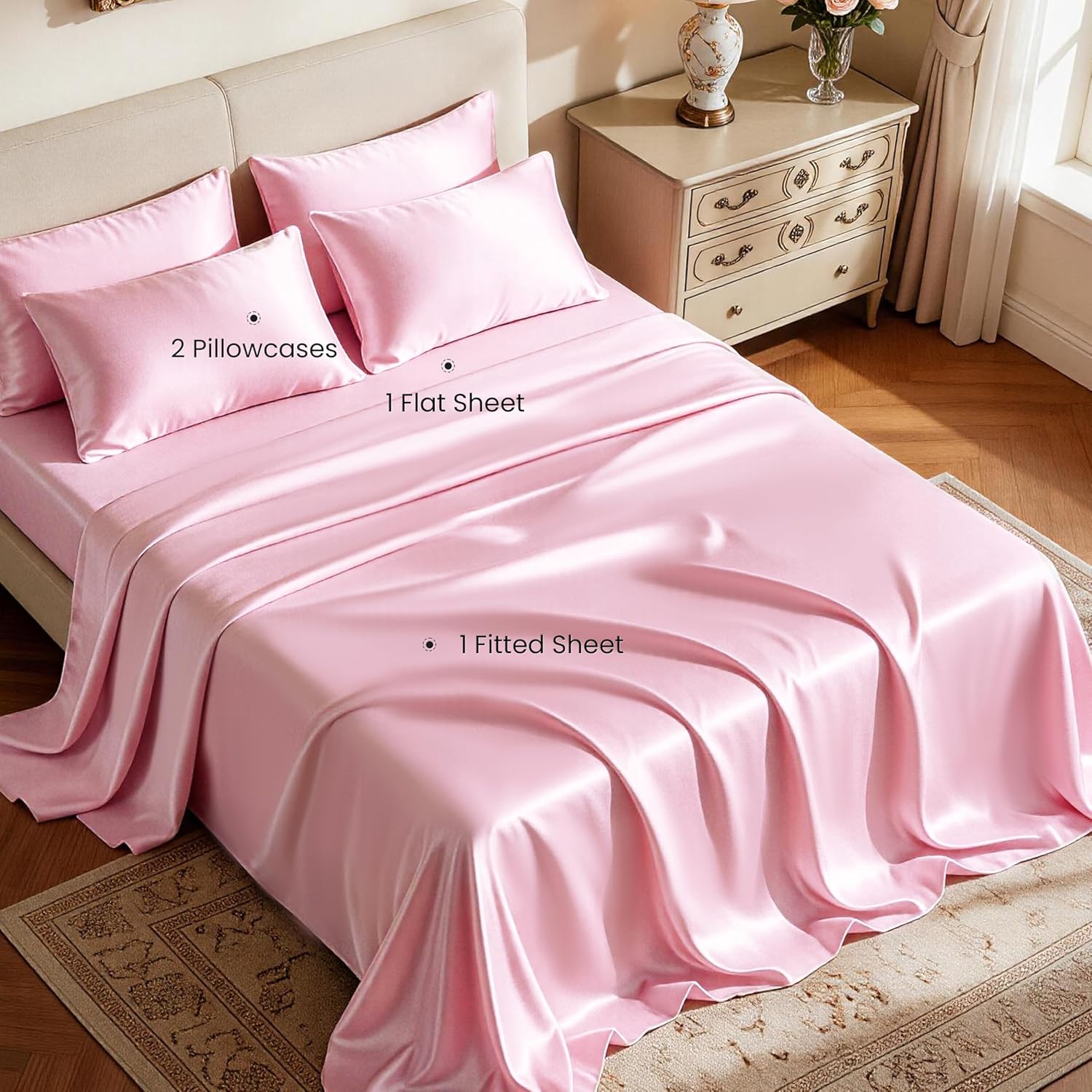 Thumbnail 1 de Love's cabin Satin Twin Sheets Set — 4 Piece Pink Silk-Feel Twin Bedding