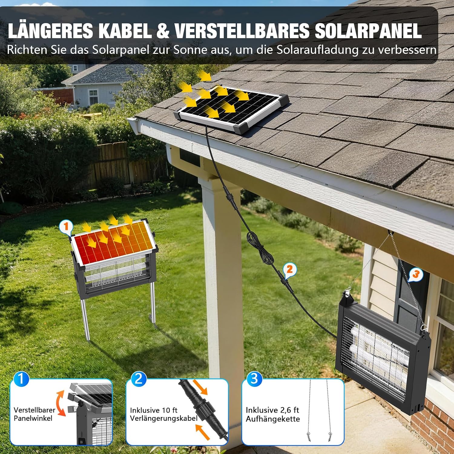 Detalle de PRANITE Lampada Solare Antizanzare 4000mAh USB Ricaricabile – 2 in 1, luce LED e protezione zanzare