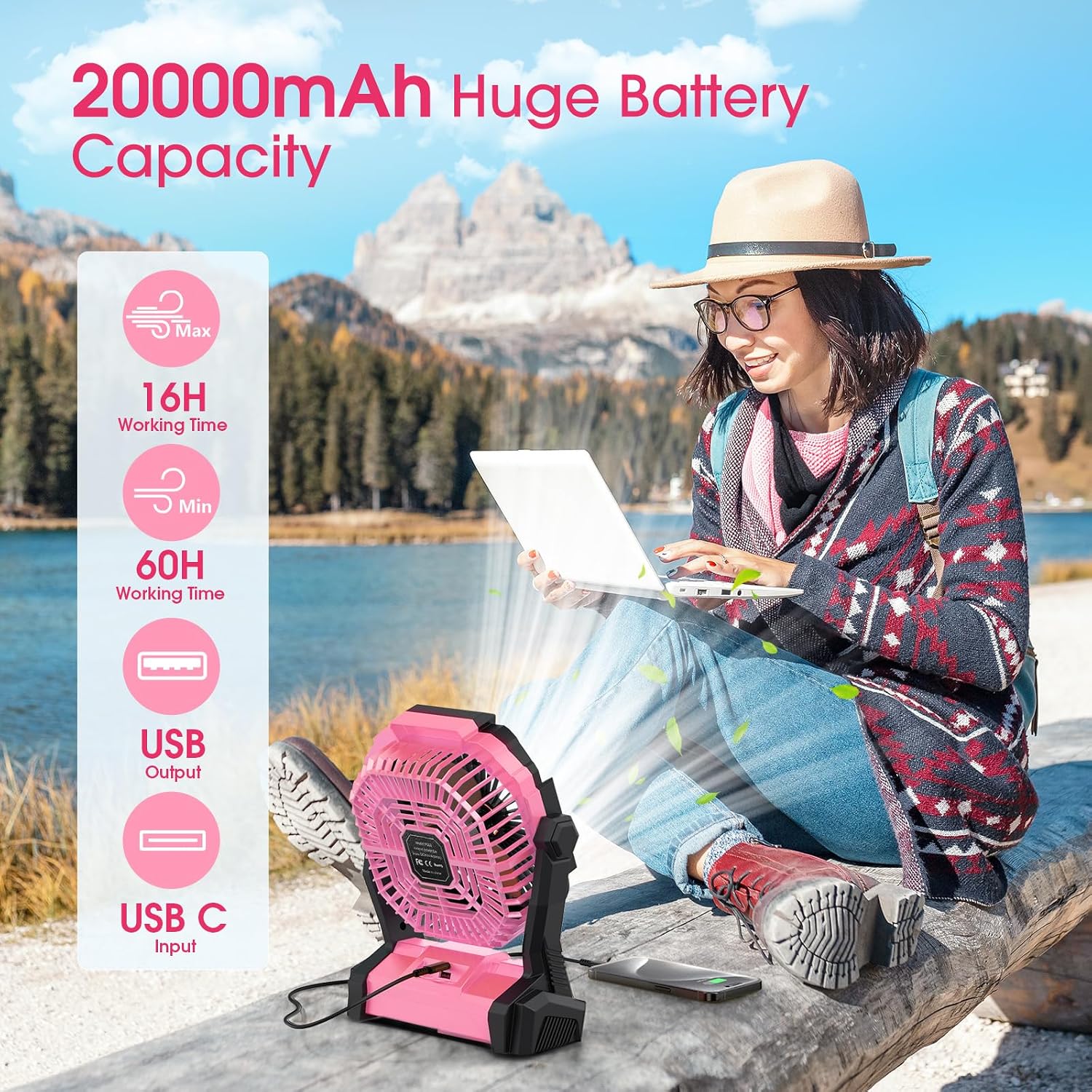 Detalle de ONLYNEW 20000mAh Portable Fan with LED Lantern, USB-C Charging, Pink