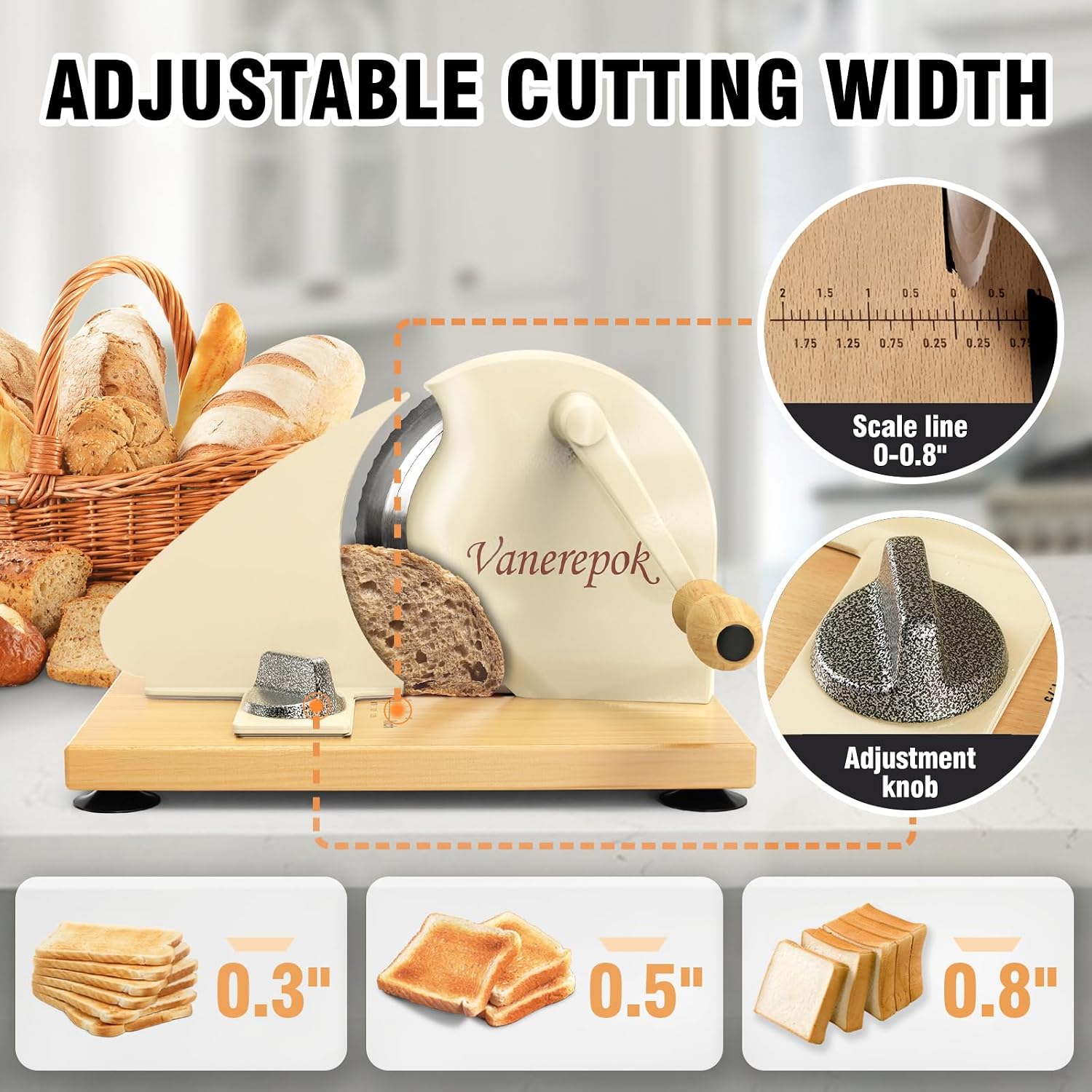 Detalle de vanerepok Manual Bread Slicer for Homemade Sourdough Bread (Adjustable Width, Stainless Steel)