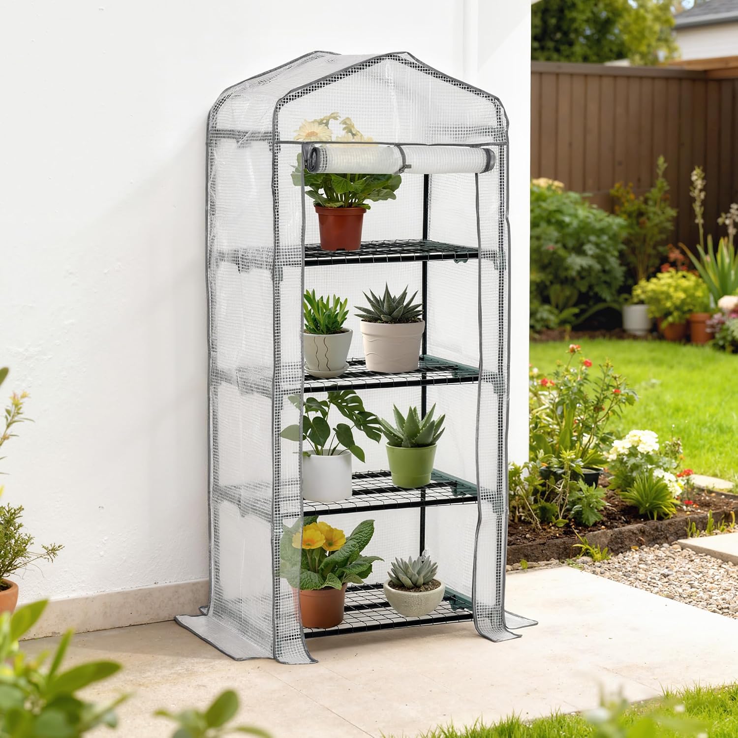Detalle 2 de Outsunny 845-228V01WT tuinkas met 4 niveaus, PE-zeil en stalen frame