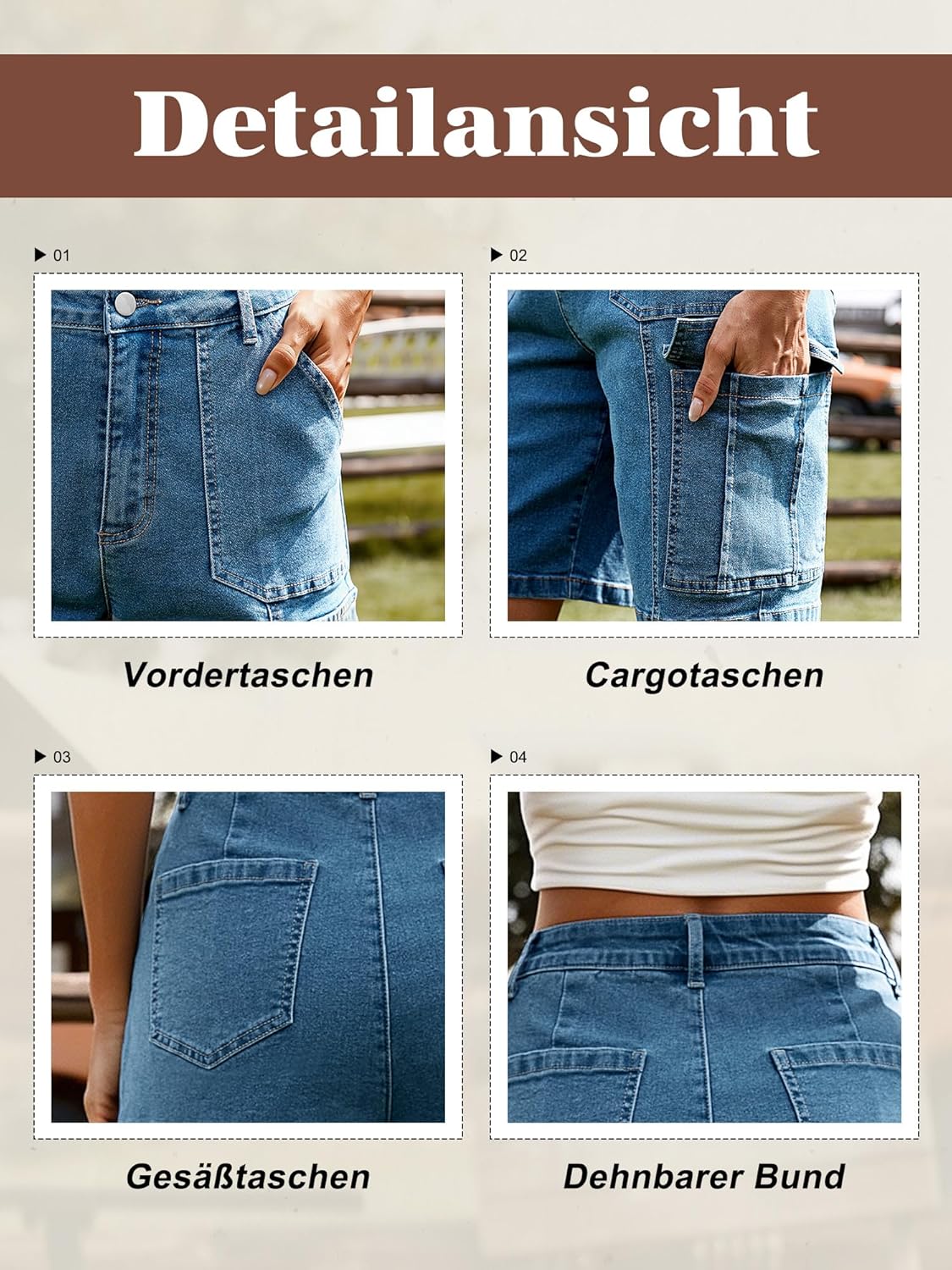 Detalle de StylSense Damen Cargo Jeans Shorts mit hohem Bund – Baumwolle & Elasthan, 6 Taschen