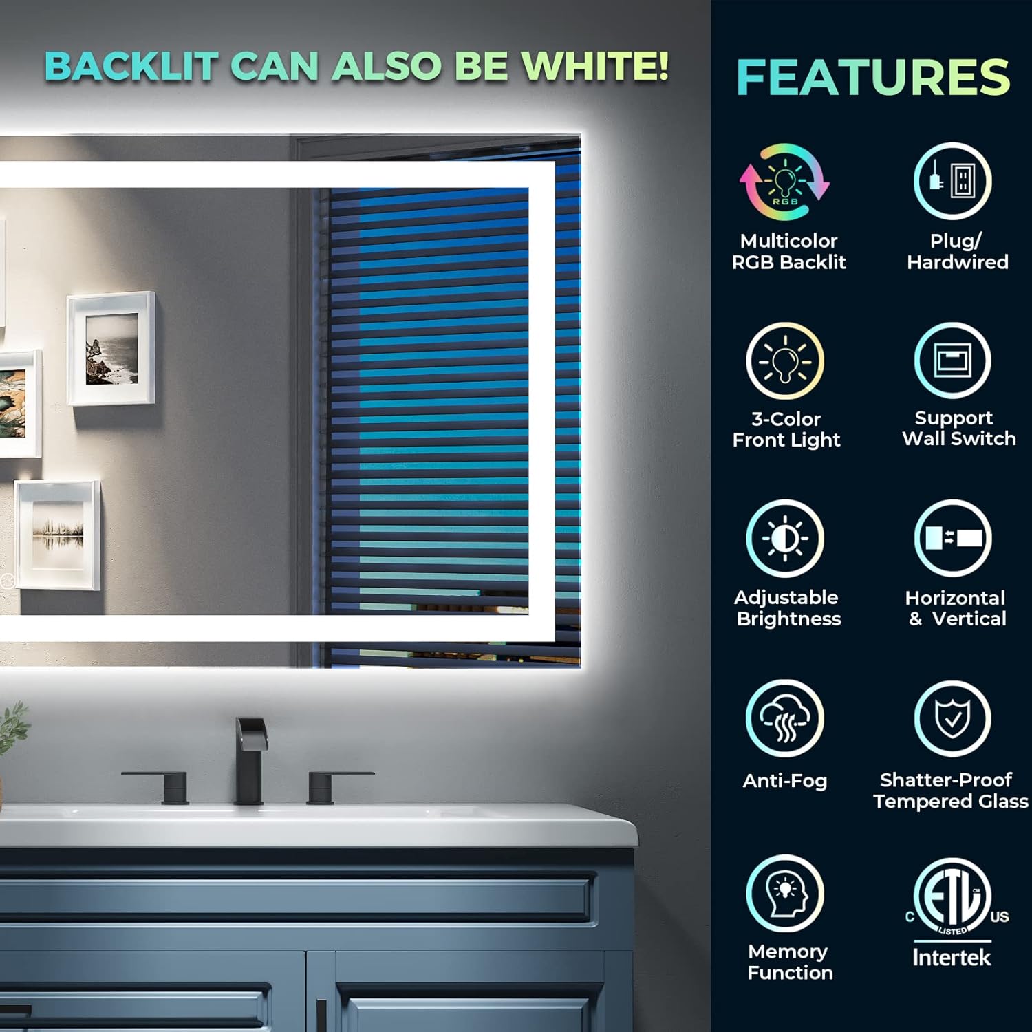 Thumbnail 1 de YEELAIT 36x30 RGB LED Bathroom Mirror with Front Light, Anti-Fog, and IP54