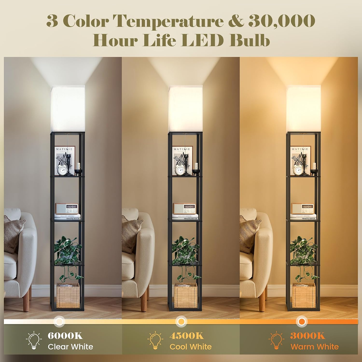Detalle 2 de AUDERWIN PFL-013 Shelf Floor Lamp with 3-Setting LED and Wood Shelves