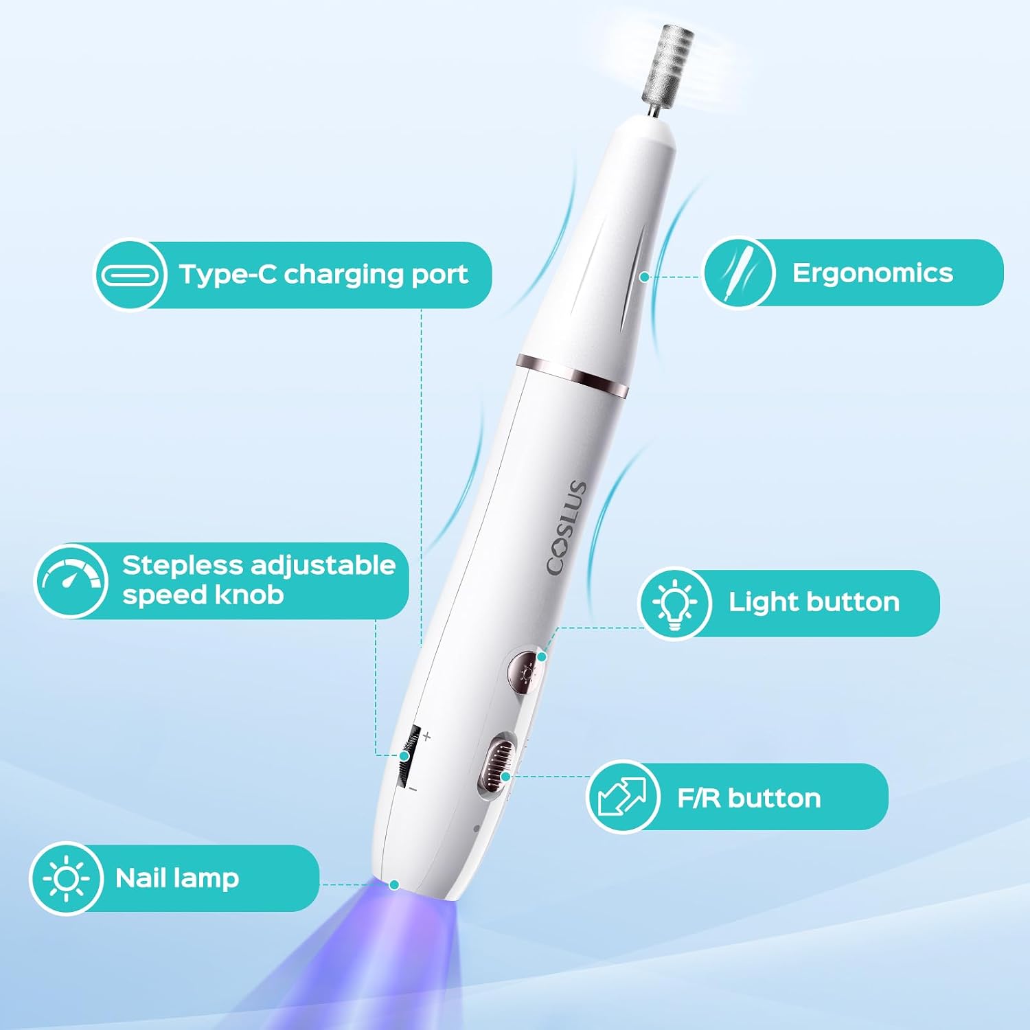 Detalle de COSLUS C41 Cordless 2-in-1 Nail Drill with Lamp: Portable Efile for Home & Salon