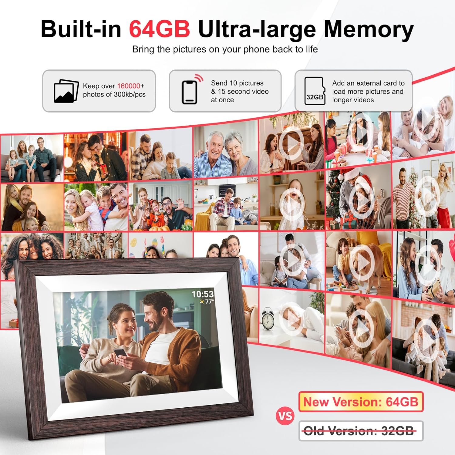 Detalle 2 de Hesmor 64GB Frameo WiFi Digital Photo Frame (10.1 Inch, 1280x800 IPS Touch) with Auto-Rotate
