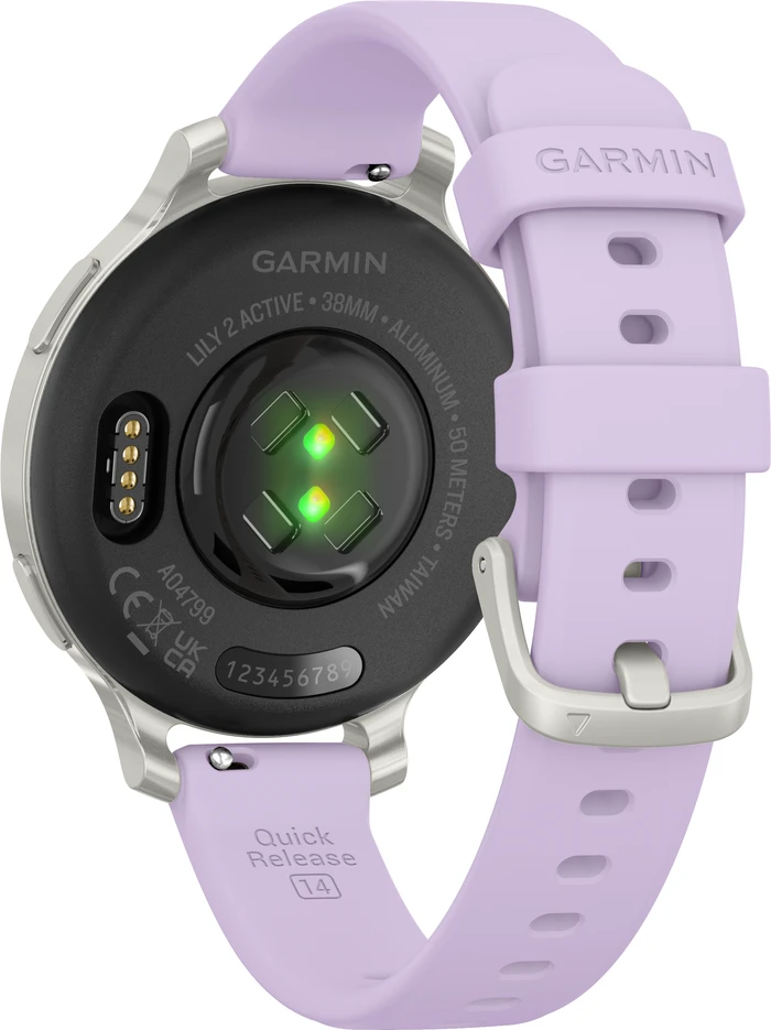 Detalle de Garmin Lily 2 Active Silber/Lila – Kleine Smartwatch mit GPS, Herzfrequenz & Training Coach