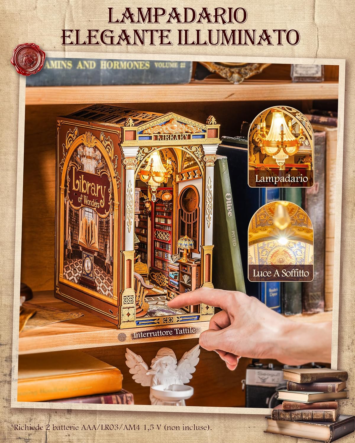 Detalle de Rolife Book Nook Kit Miniature da Costruire DIY “Libreria delle Meraviglie” con luci LED