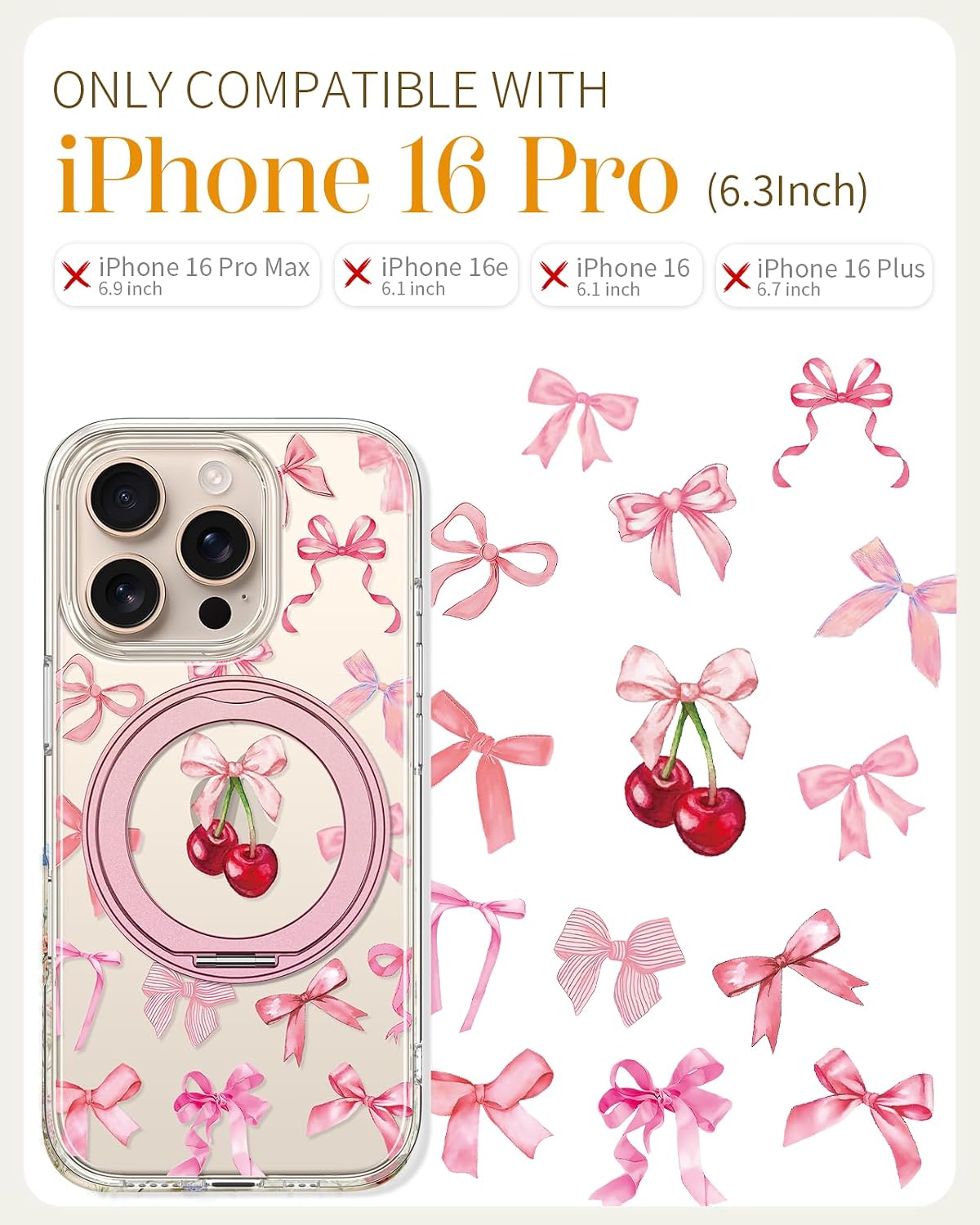 Detalle 2 de Loheckle Clear Case for iPhone 16 Pro with 360° Rotating Stand and Bow Design