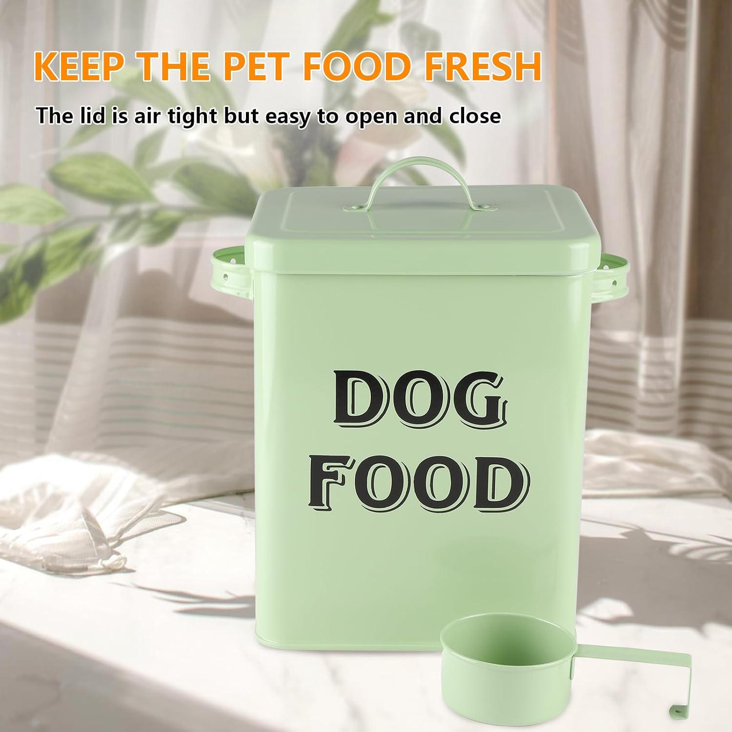 Detalle de Dog Food Storage Container: Vintage-Style Metal Canister with Lid, Scoop, and Enamel Finish