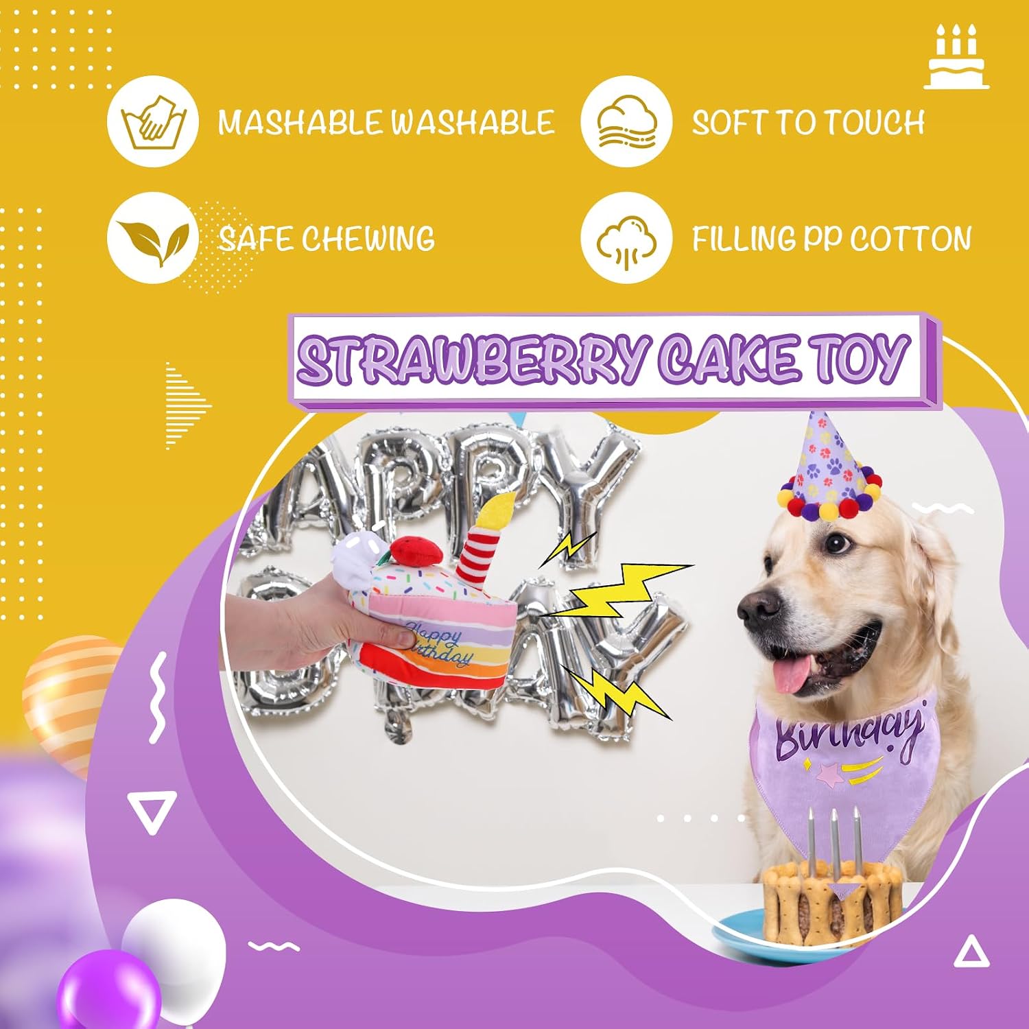 Detalle de KOOLTAIL Dog Birthday Bandana Hat Squeaky Cake Plush Toy Set (Purple) – Adjustable birthday outfit + squeaky plush
