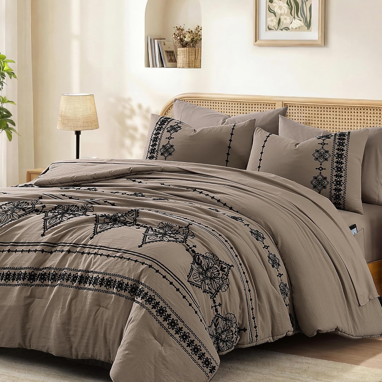 Thumbnail 5 de MaiRêve Queen Size Comforter Set Taupe Grey with Embroidered Boho Western Style
