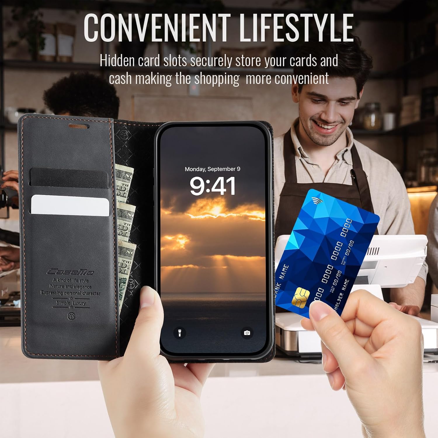 Thumbnail 3 de Cracedily Wallet Case for iPhone 17e / iPhone 16e Leather Flip Cover with Kickstand & RFID Blocking, Black