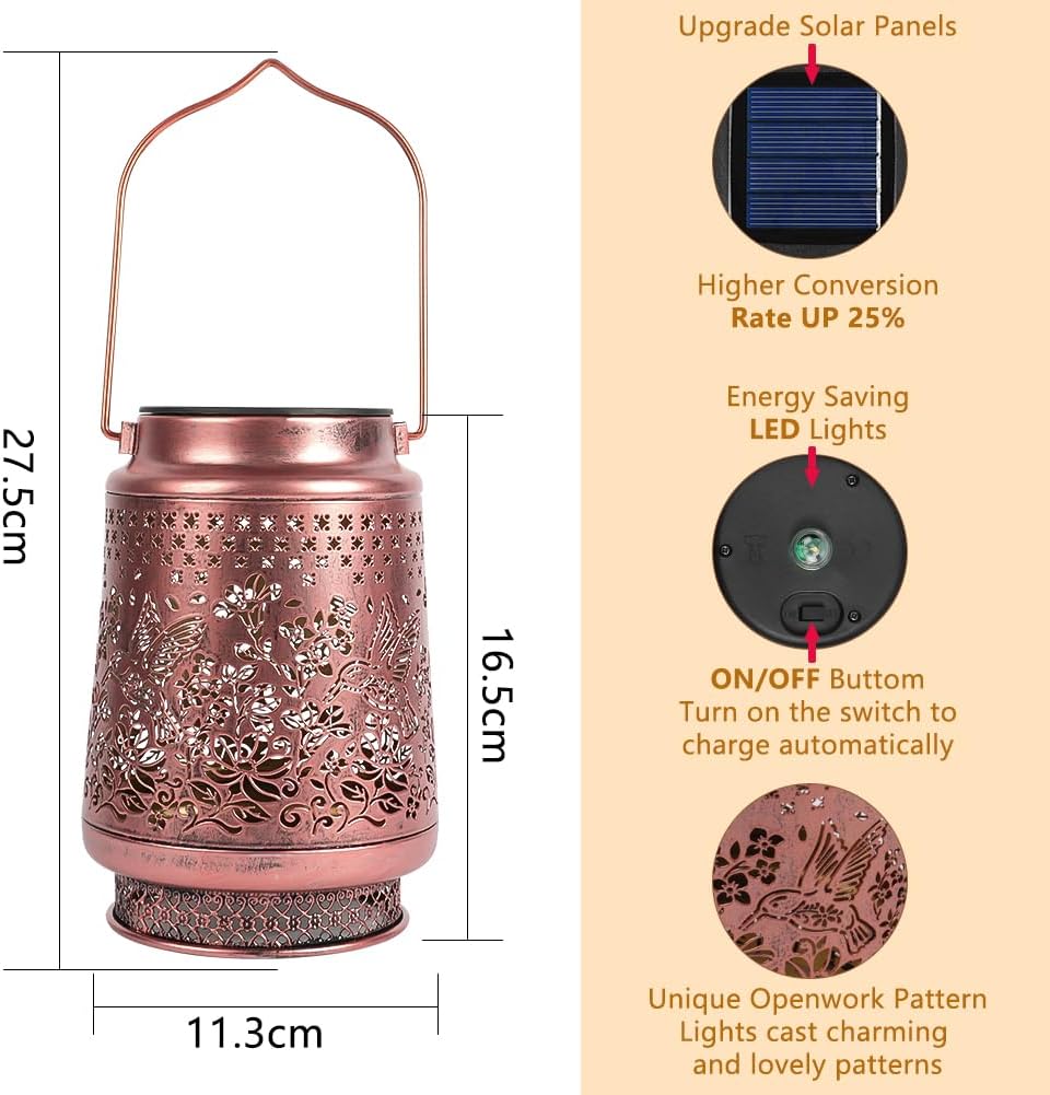 Detalle de HOTUT Hummingbird Solar Lantern: Rustic Metal Garden Light with IP65 Weatherproofing