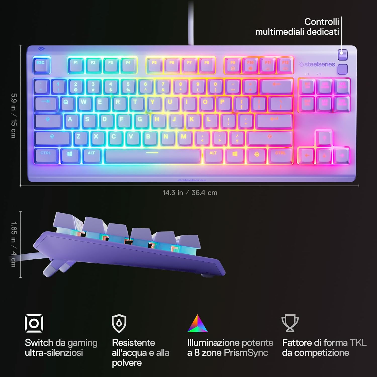 Thumbnail 2 de SteelSeries Apex 3 TKL Lavanda – tastiera gaming TKL UK QWERTY con RGB a 8 zone e switch silenziosi