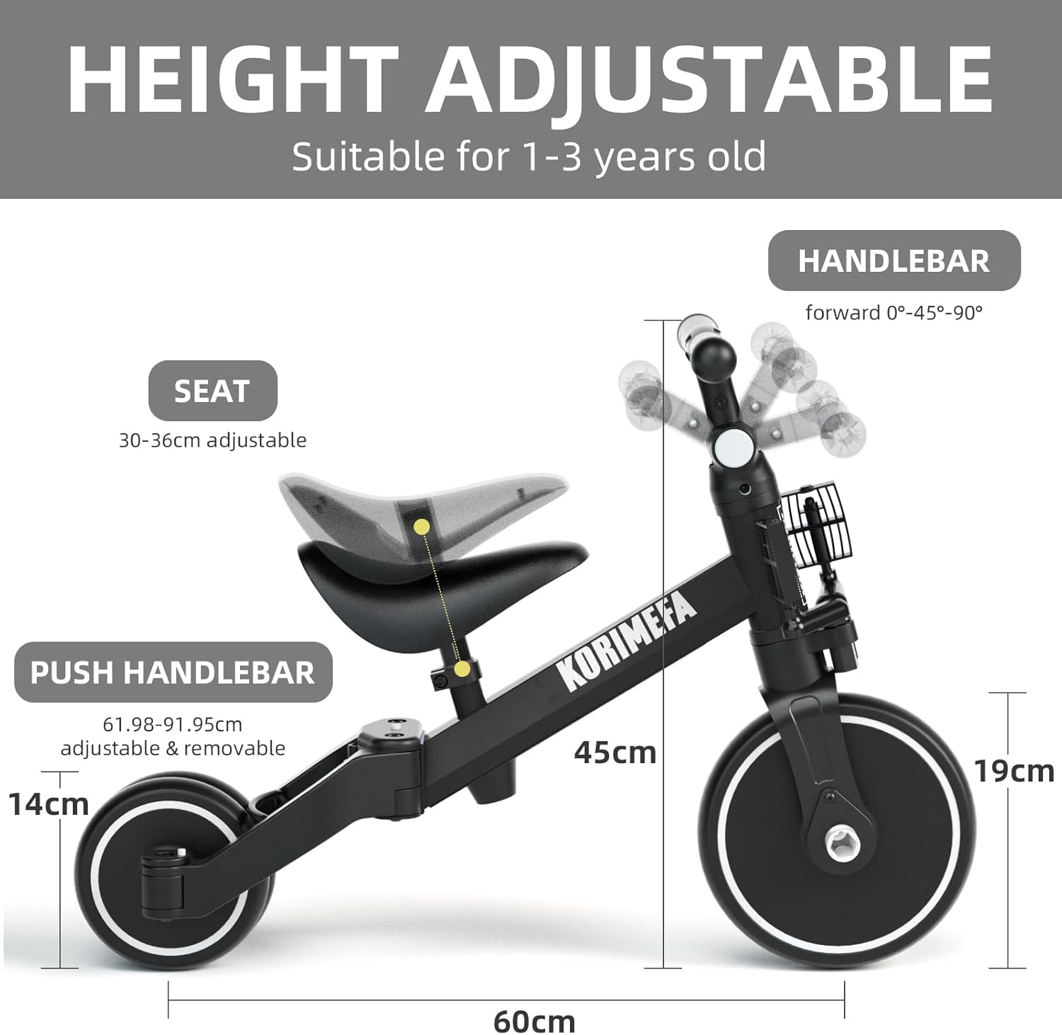 Thumbnail 3 de KORIMEFA Triciclo 4 in 1 con maniglione per genitore, sella e pedali regolabili (1–3 anni)