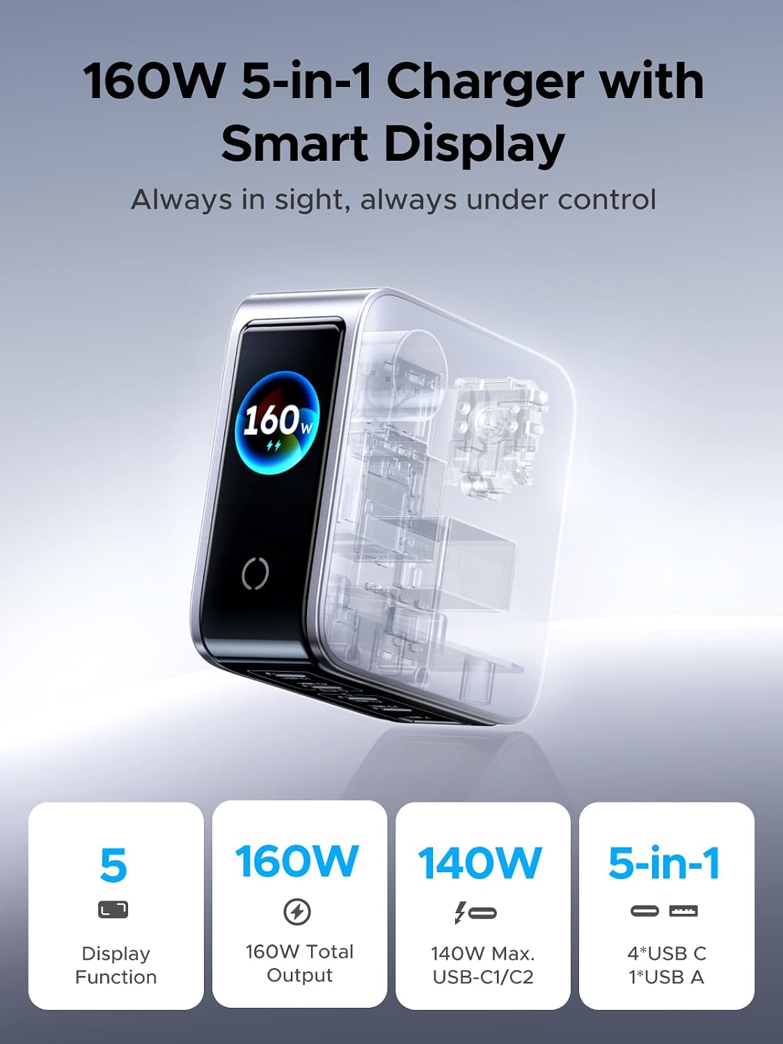 Thumbnail 1 de UGREEN Nexode Pro X774 160W GaN USB-C Charger, 5 Ports, Smart Display