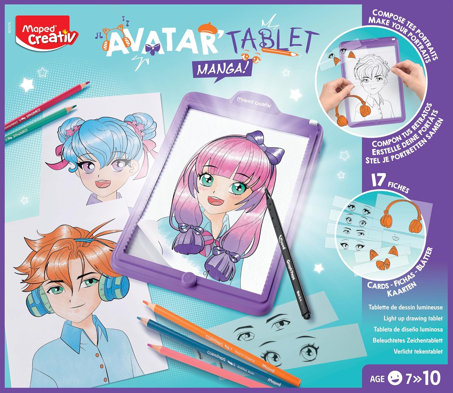 Detalle de Maped Creativ Avatar'Tablet Manga - Tavoletta luminosa per creare ritratti Manga infinito, kit completo per ragazzi dai 7 anni