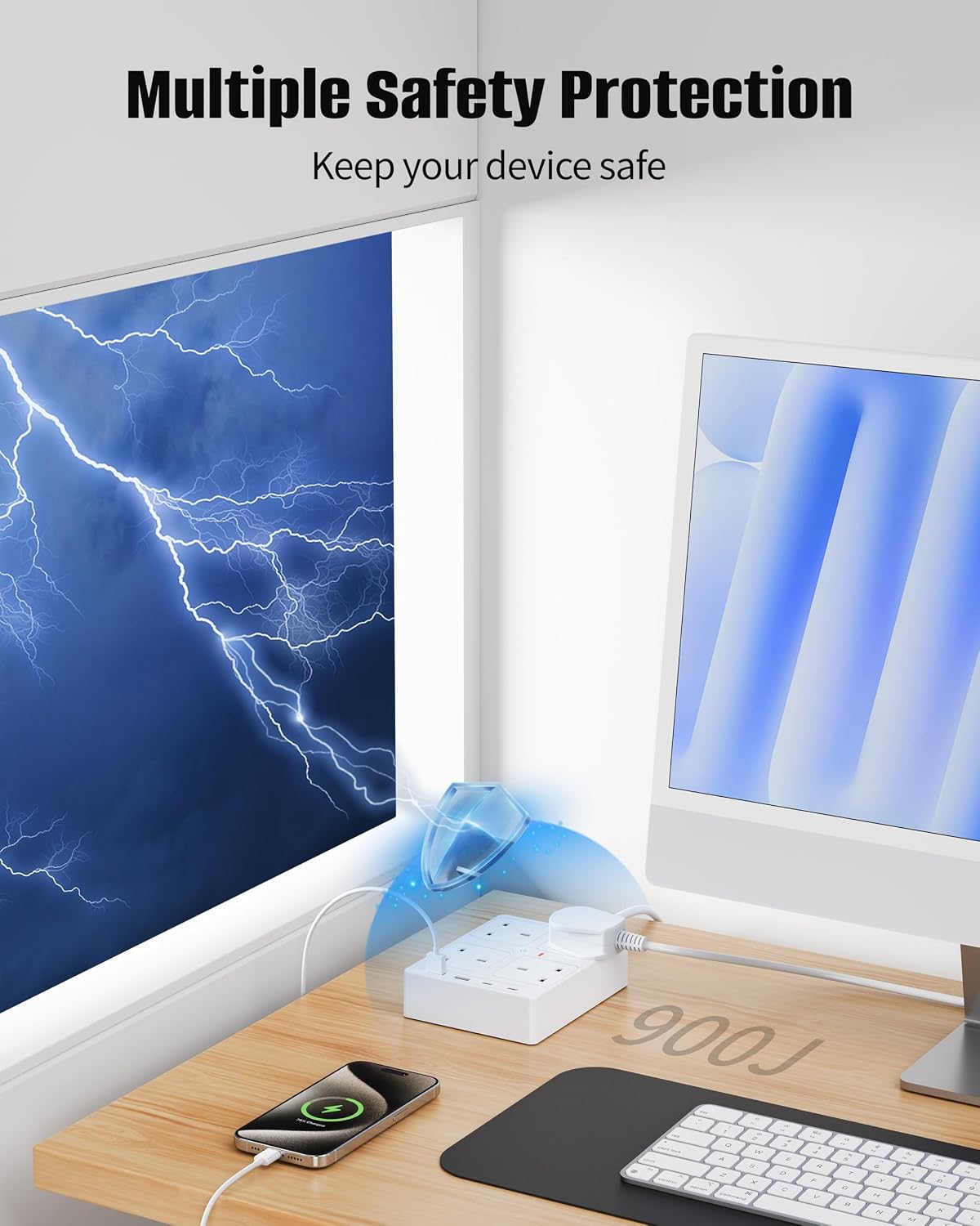Thumbnail 3 de Extension Lead with USB Slots and 1.5m Cable (4 Way, 2 USB-C, 2 USB-A) with 900J Surge Protection