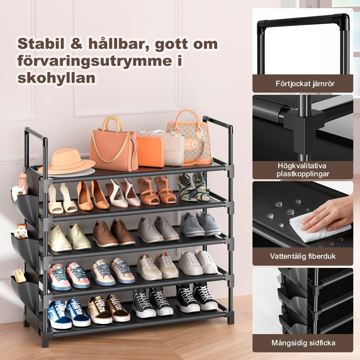 Detalle 2 de OYREL skohylla med 5 nivåer – svart förvaring för 20–25 par skor