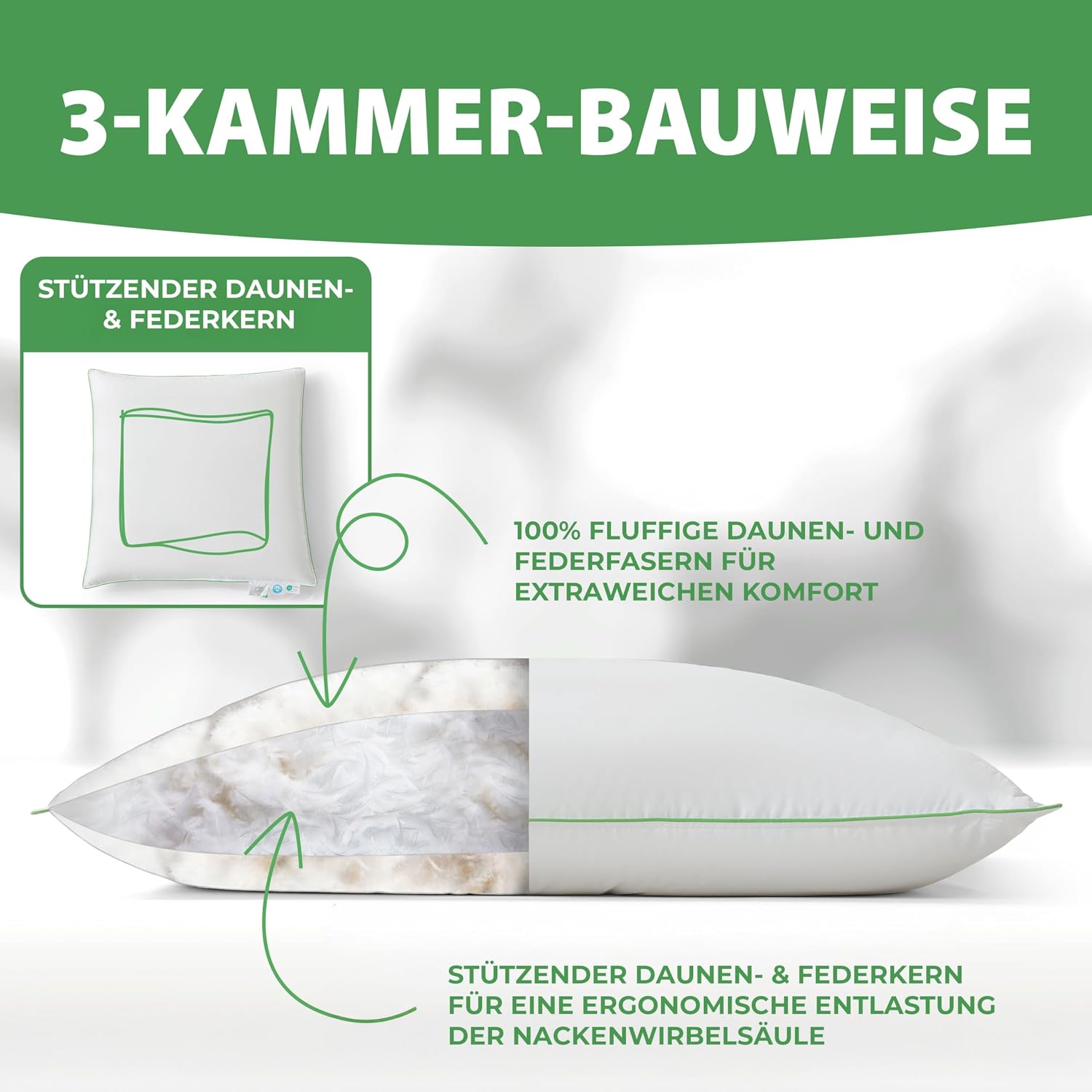 Detalle 2 de Welldora Premium Kopfkissen 50x70 mit 3-Kammer-Bauweise – mittelfestes Nackenstützkissen aus natürlichen Daunenfasern & Federn