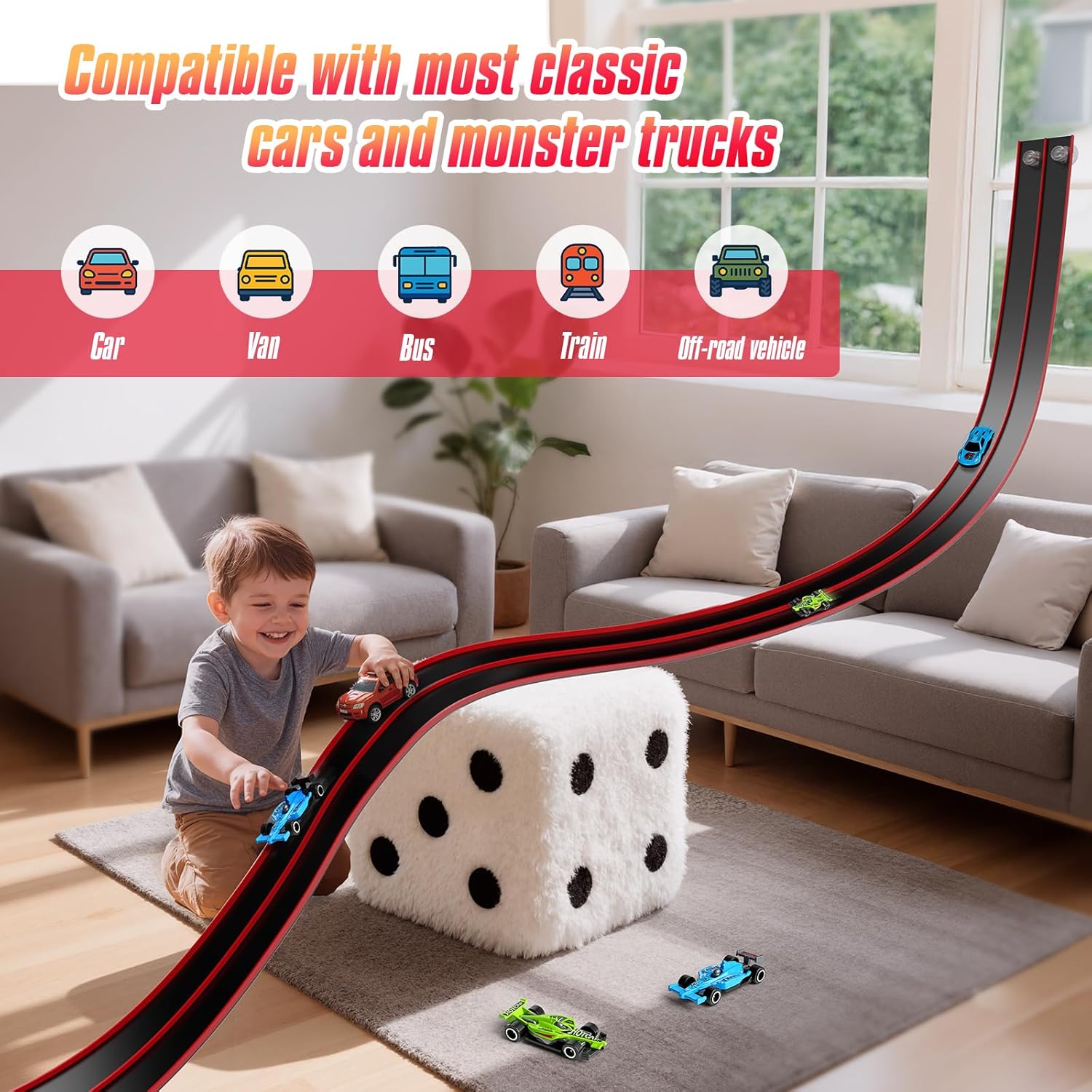 Thumbnail 1 de Hot Bee 14.7ft flexible race track for 1:64 diecast cars (dual-lane, suction cups, portable wall ramps)