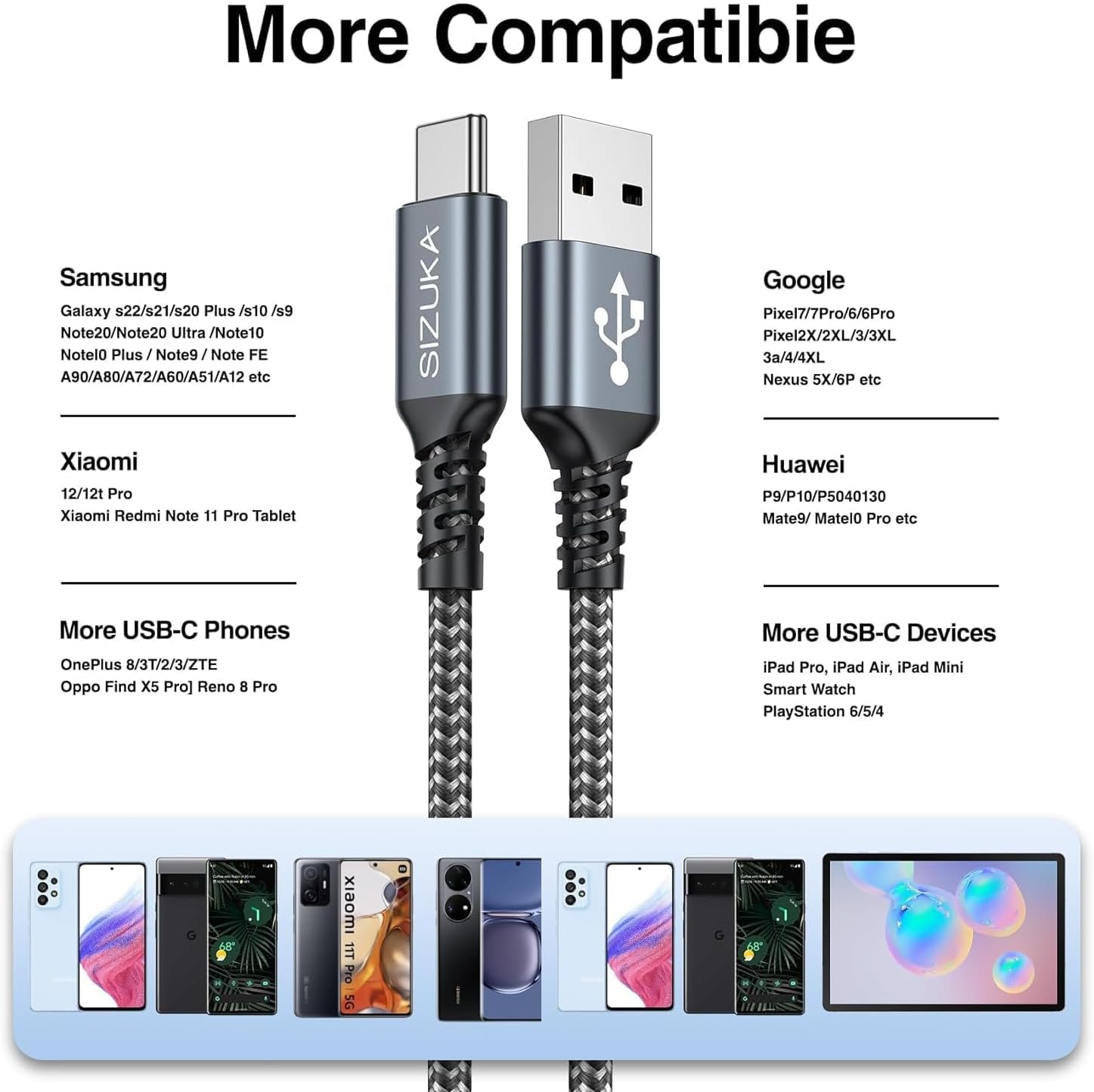 Thumbnail 6 de SIZUKA Cable USB-C 3Pack de 2 m con carga rápida 3.1A y sincronización hasta 480 Mbps