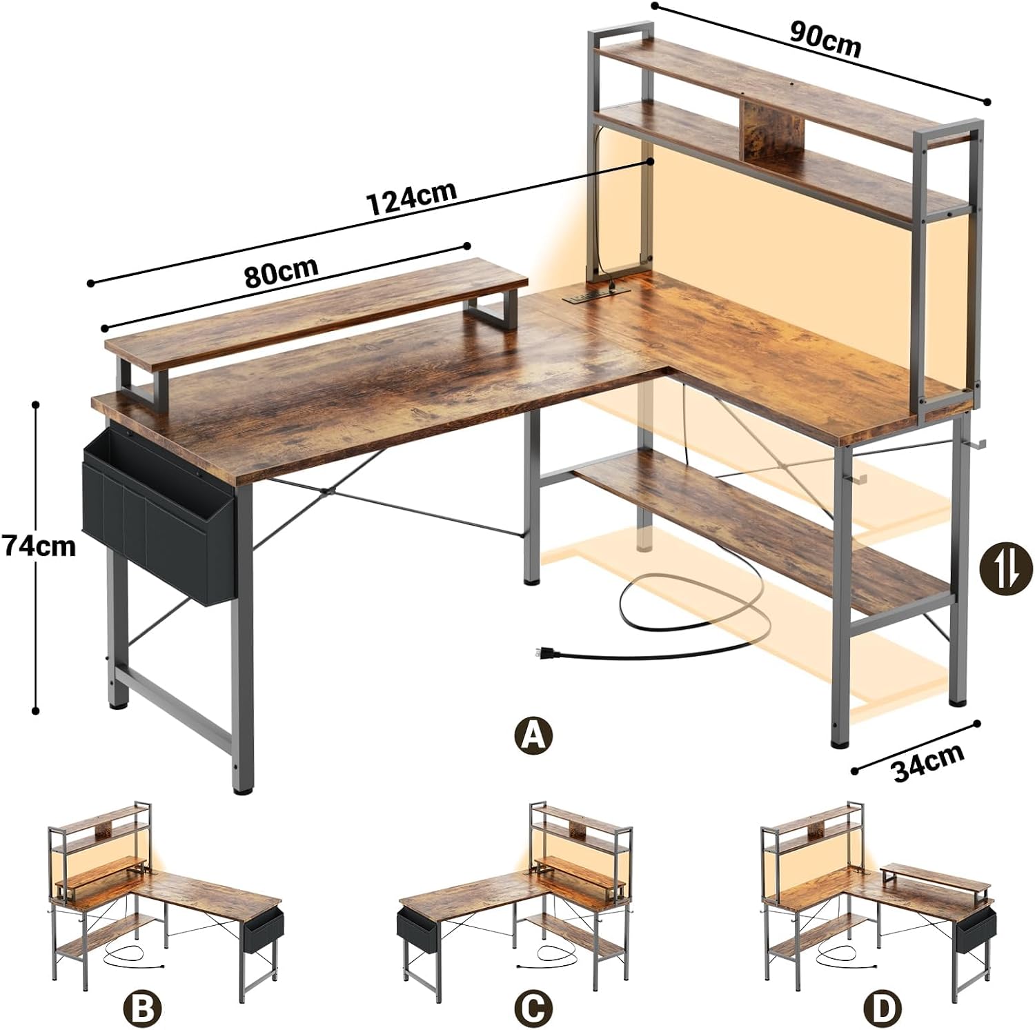 Detalle de iSunirm L-Shaped Gaming Desk with Power Outlets & LED Lights – Brown
