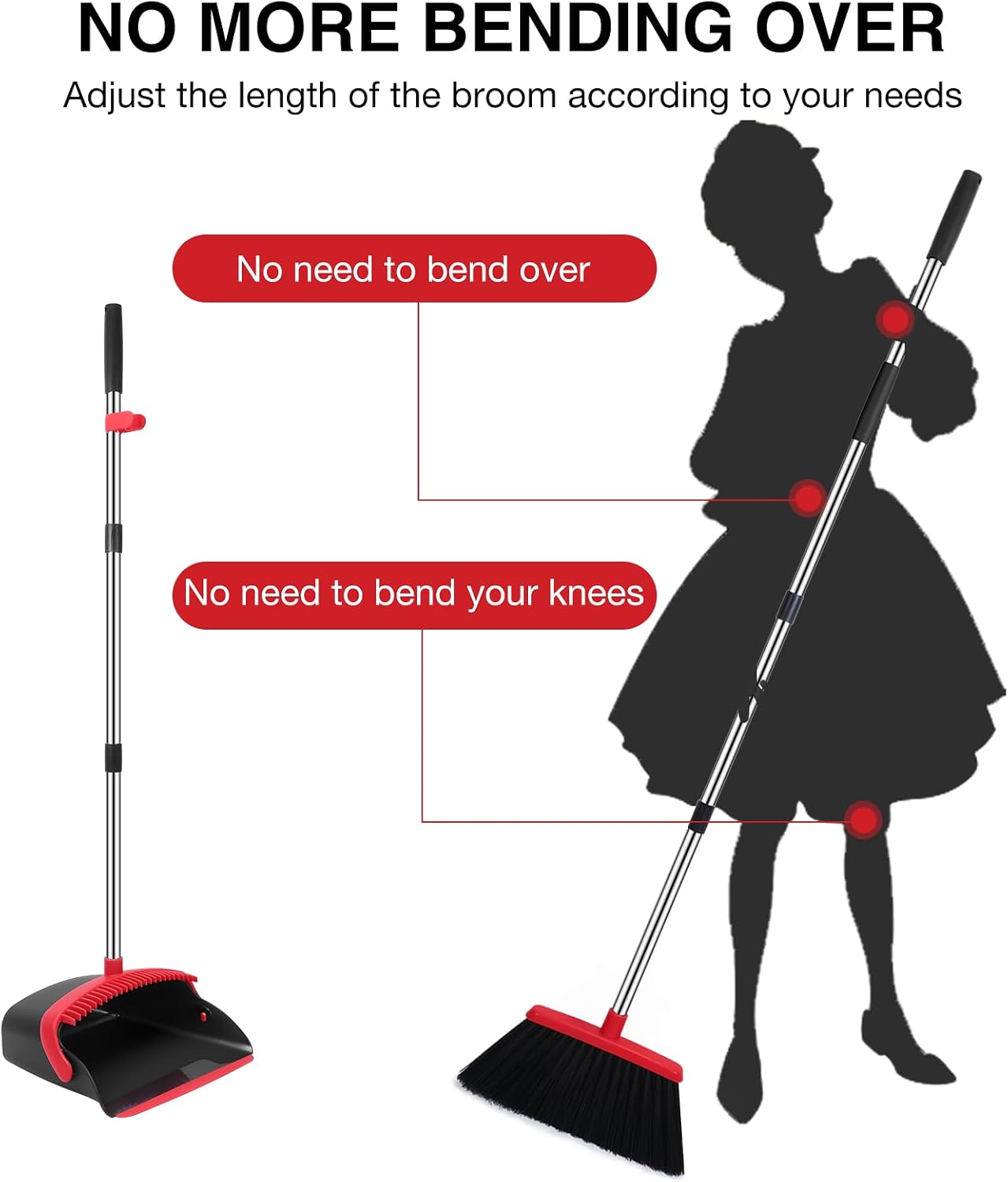 Thumbnail 2 de NACENA 52-Inch Adjustable Broom and Dustpan Set (2-Pack) with Built-in Teeth for Hair, Black & Red