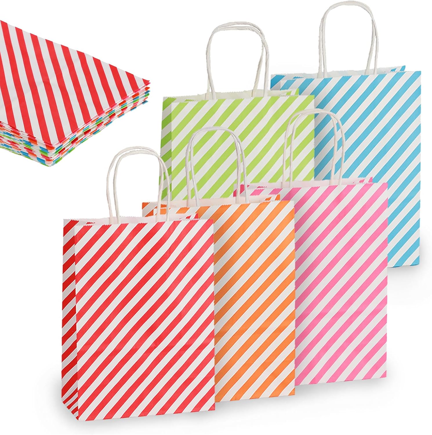 Thumbnail 6 de 10 Stück Geschenktüten Geburtstag Partytüten Kindergeburtstag bunte Streifen mit Henkel – 21x15x8 cm