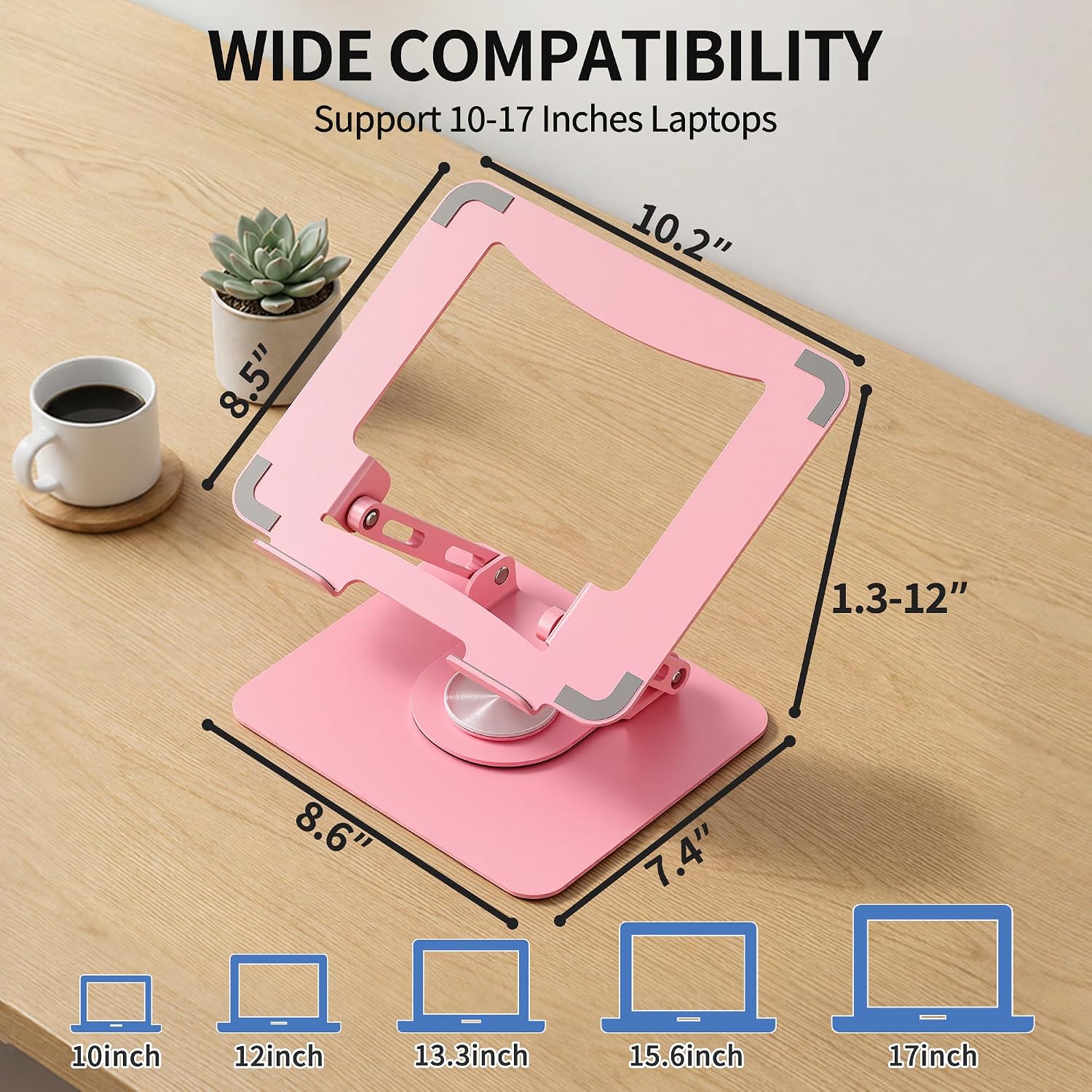 Detalle de SOUNDANCE JT16R Laptop Stand, 360° Rotating Metal Riser, Pink, 10–15.6-inch