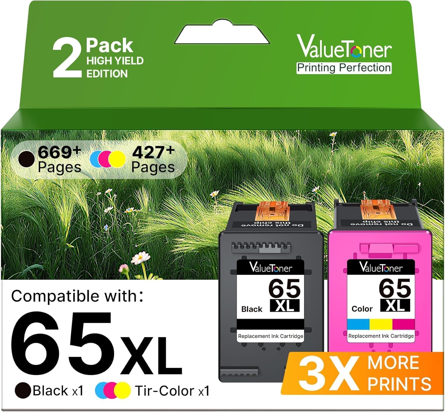 Detalle de Valuetoner 65XL Remanufactured Ink Cartridges, 2-Pack Black and Tri-Colour