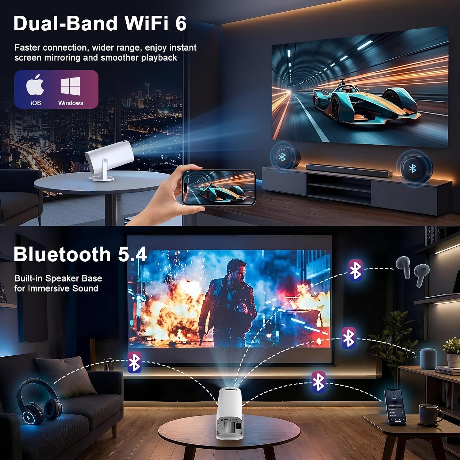 Detalle 2 de Mini Beamer 4K Unterstützt – Tragbarer Projektor mit WiFi 6, BT 5.4 und 180°-Drehung